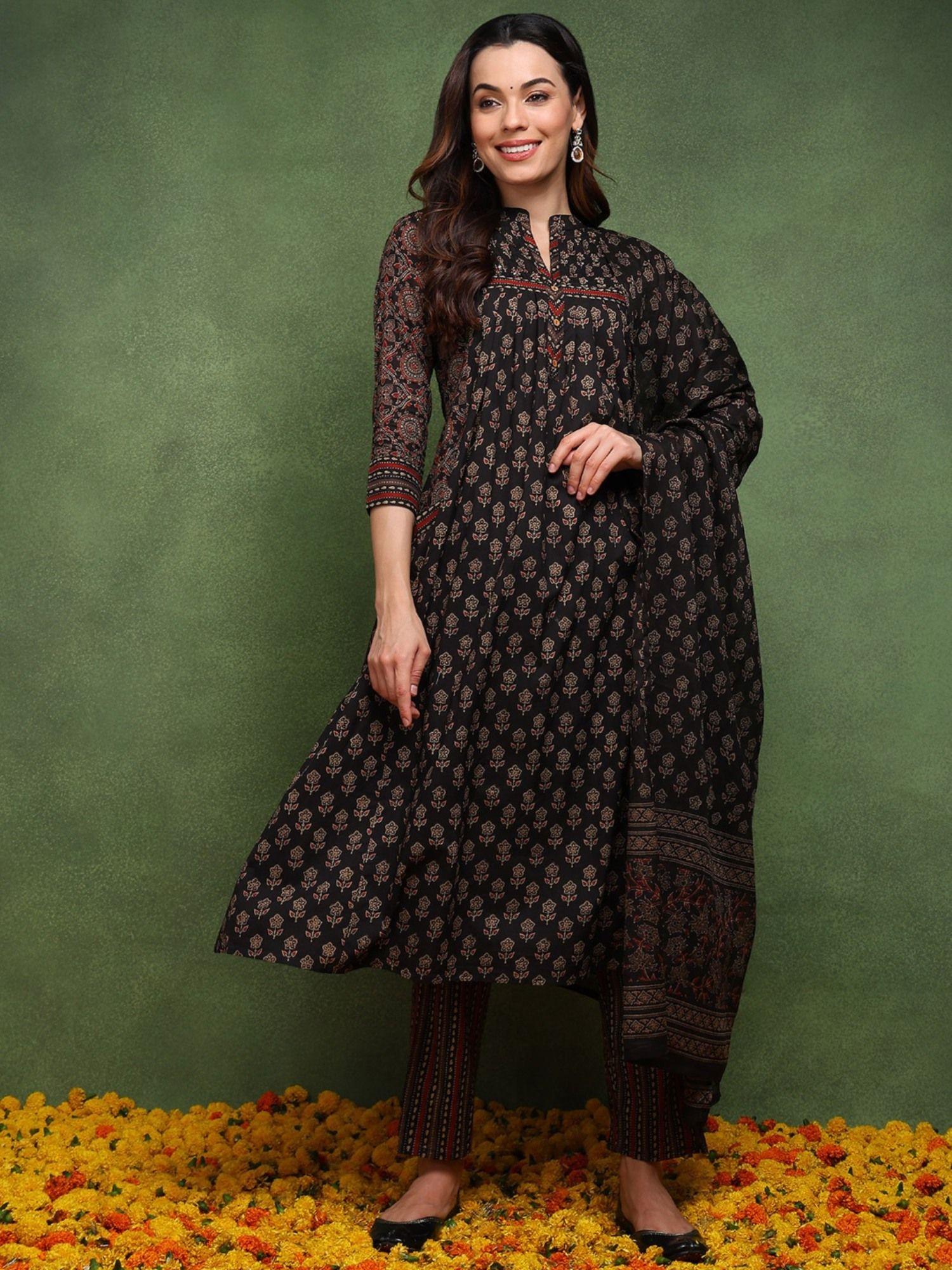women black cotton ethnic motifs printed a-line kurta with pant and dupatta (set of 3)