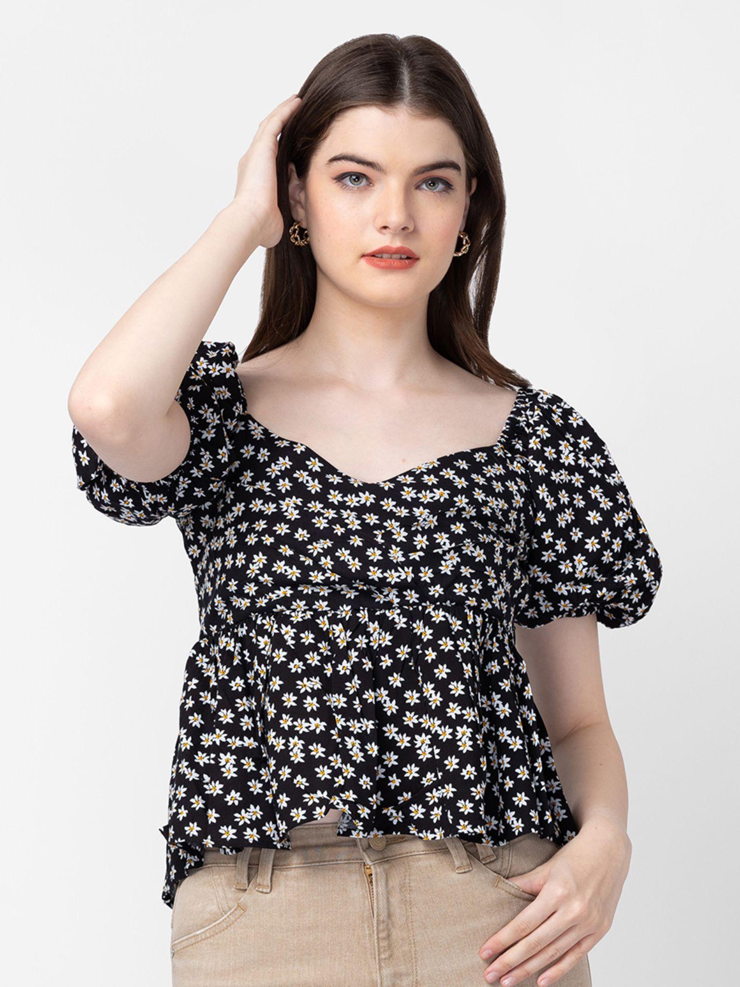 women black cotton floral crop top