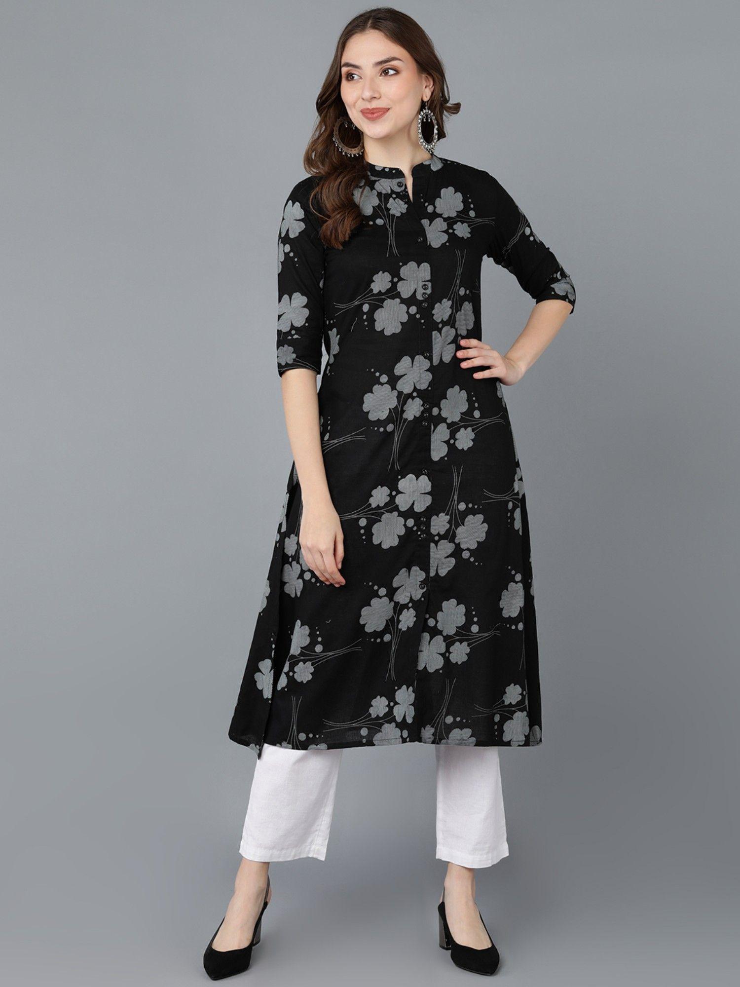 women black cotton floral printed straight kurta