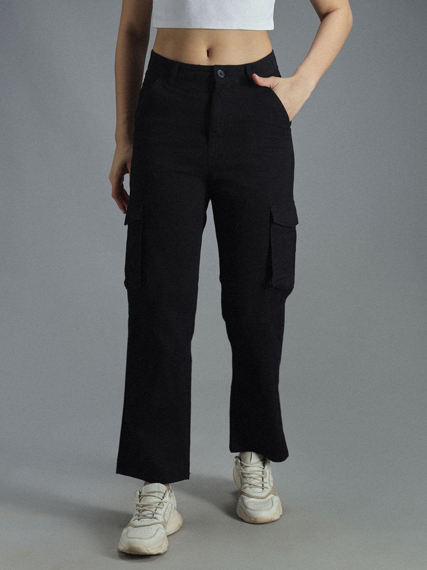 women black cotton loose fit straight leg mid-rise trouser