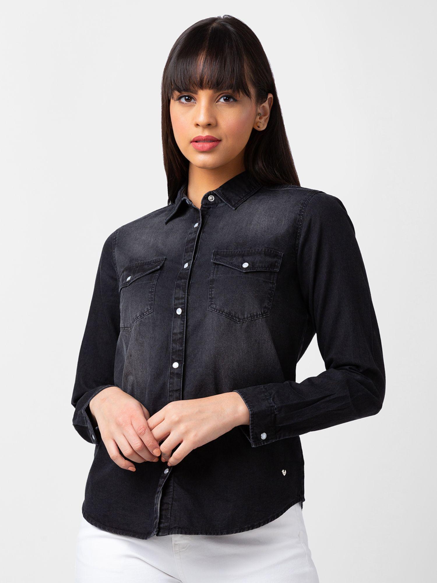 women black cotton regular fit denim shirt