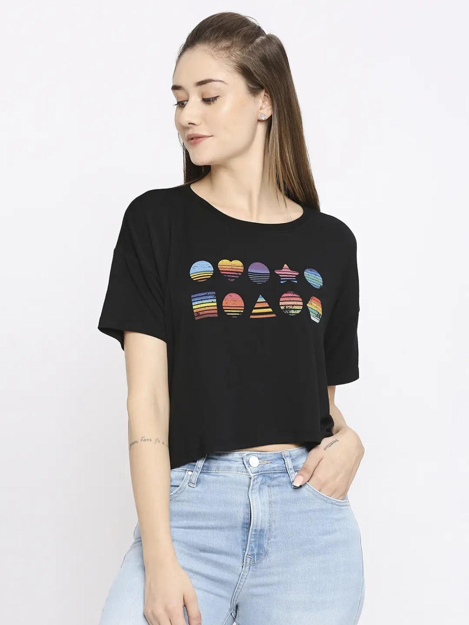 women black cotton regular fit half sleeve printed round neck t-shirt