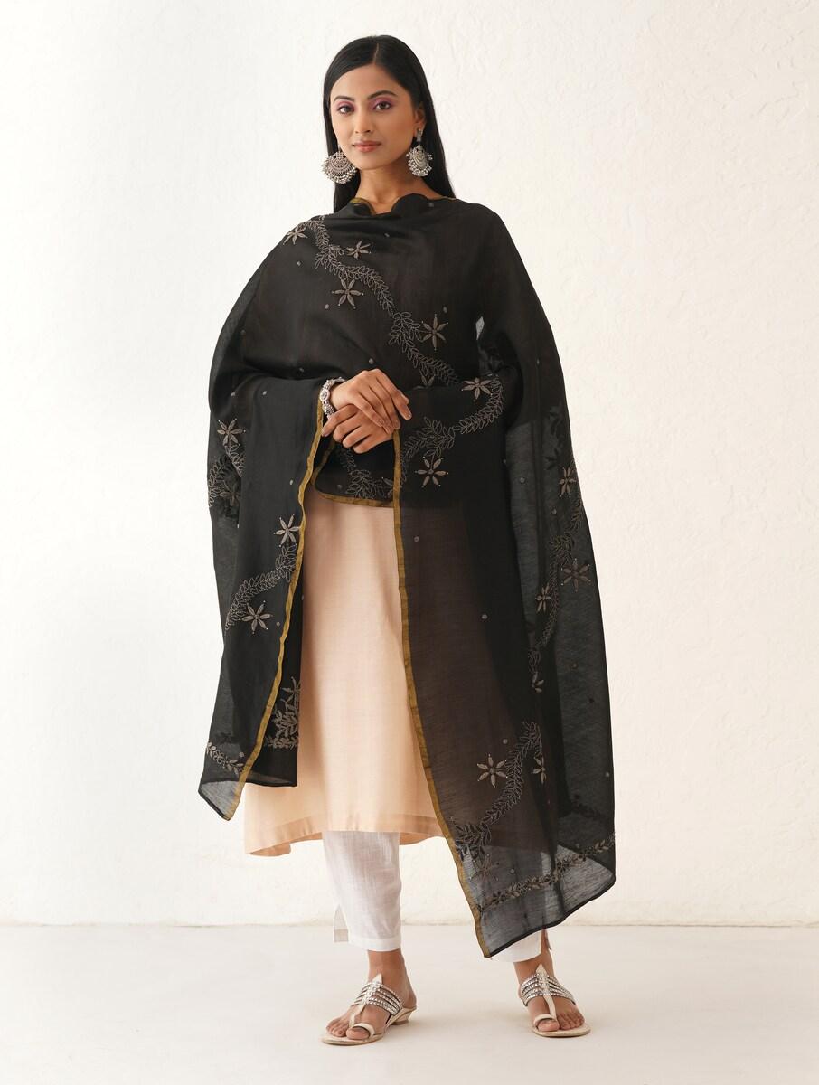 women black cotton silk chikankari dupatta