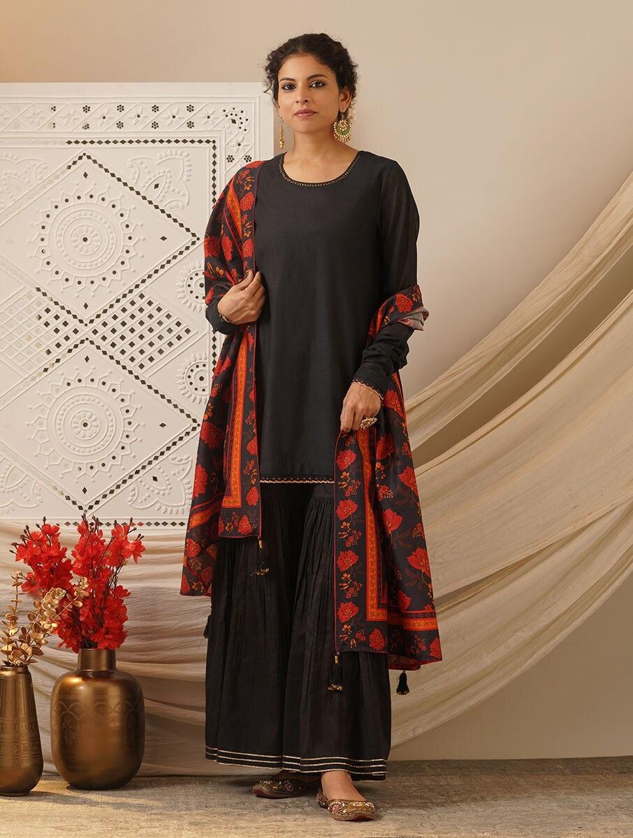 women black cotton silk embroidered round neck kurta with pants