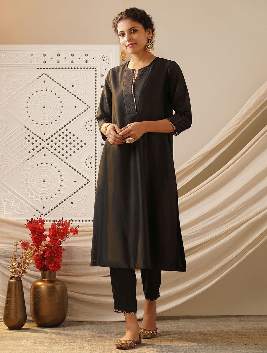 women black cotton silk embroidered round neck straight kurta with pants