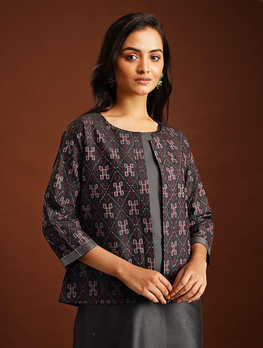 women black cotton silk ikat round neck regular fit jacket