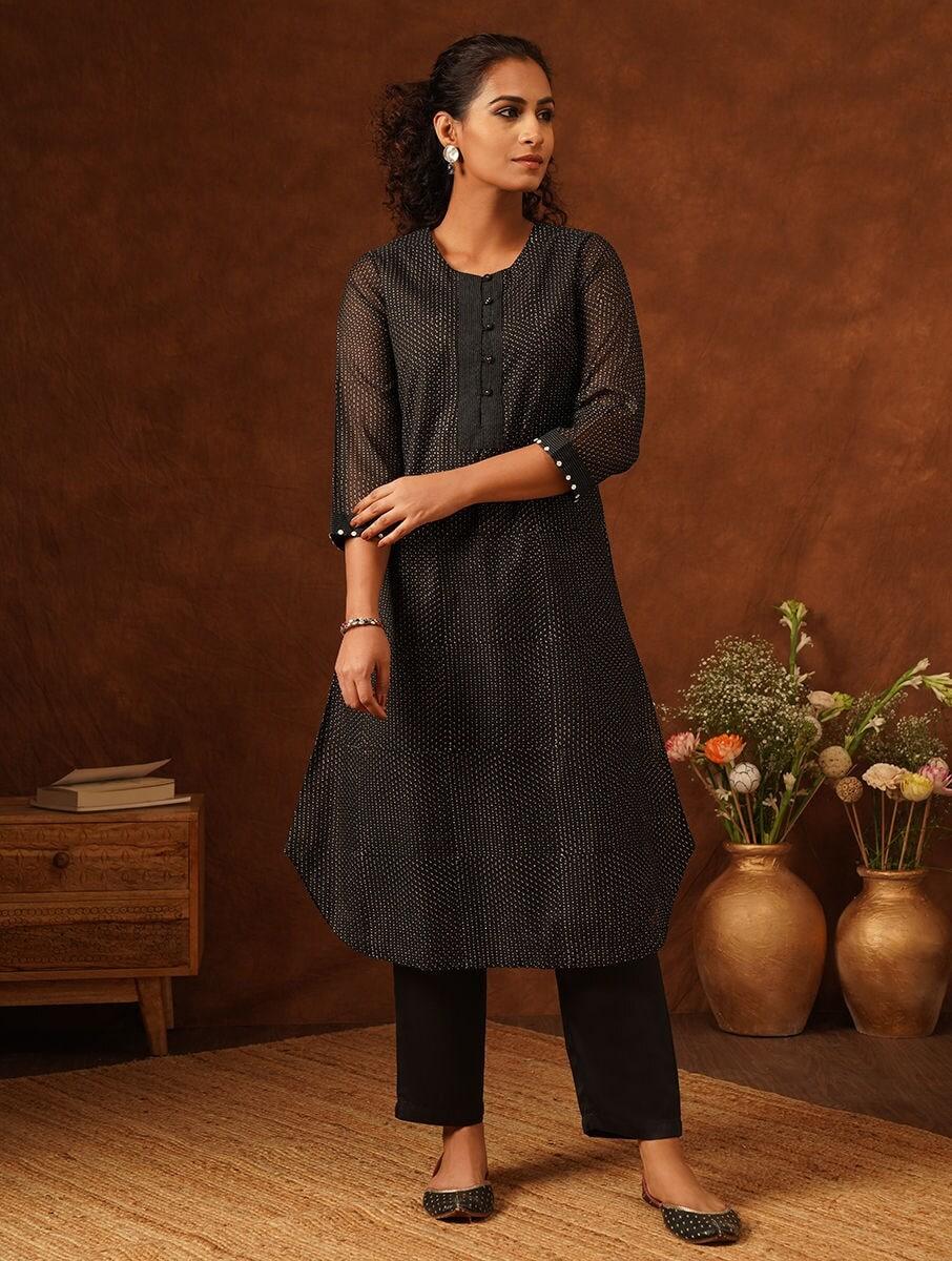 women black cotton silk printed round neck a line kurta and slip