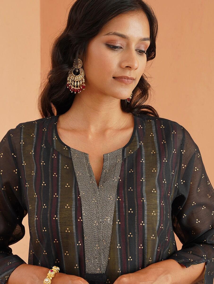 women black cotton silk round neck a line kurta , slip & pants