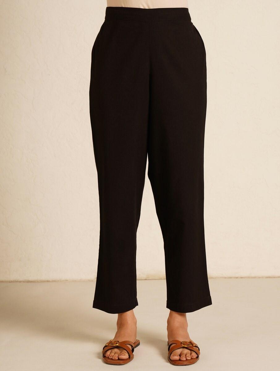 women black cotton solid ankle length straight fit pants