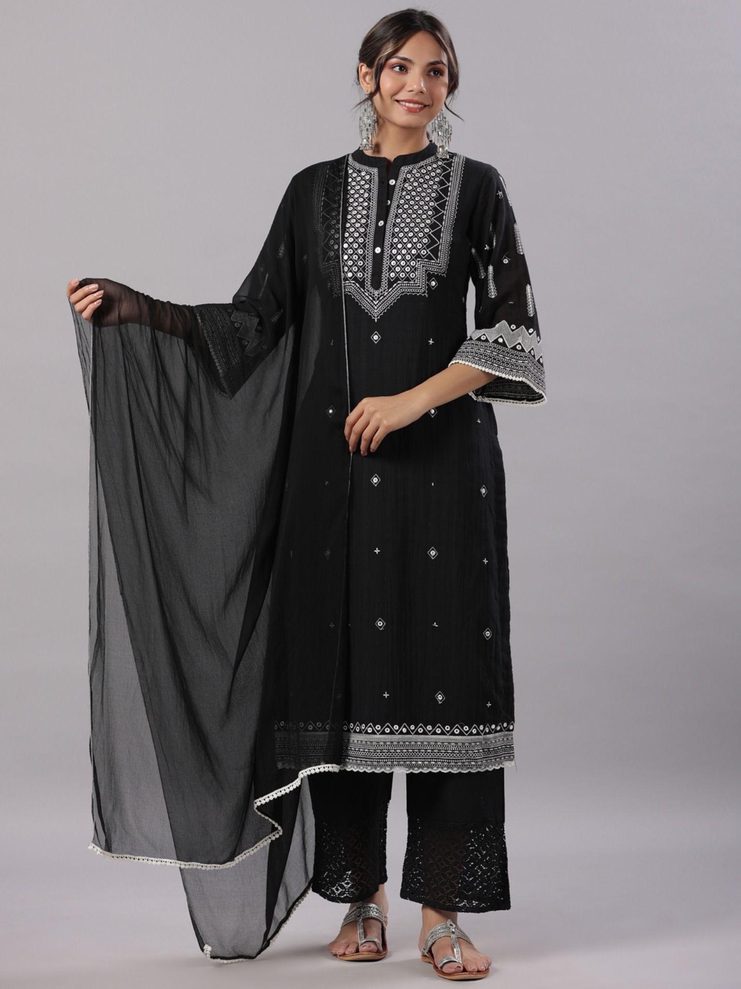 women black cotton solid with embroidery straight kurta sets (set of 3)