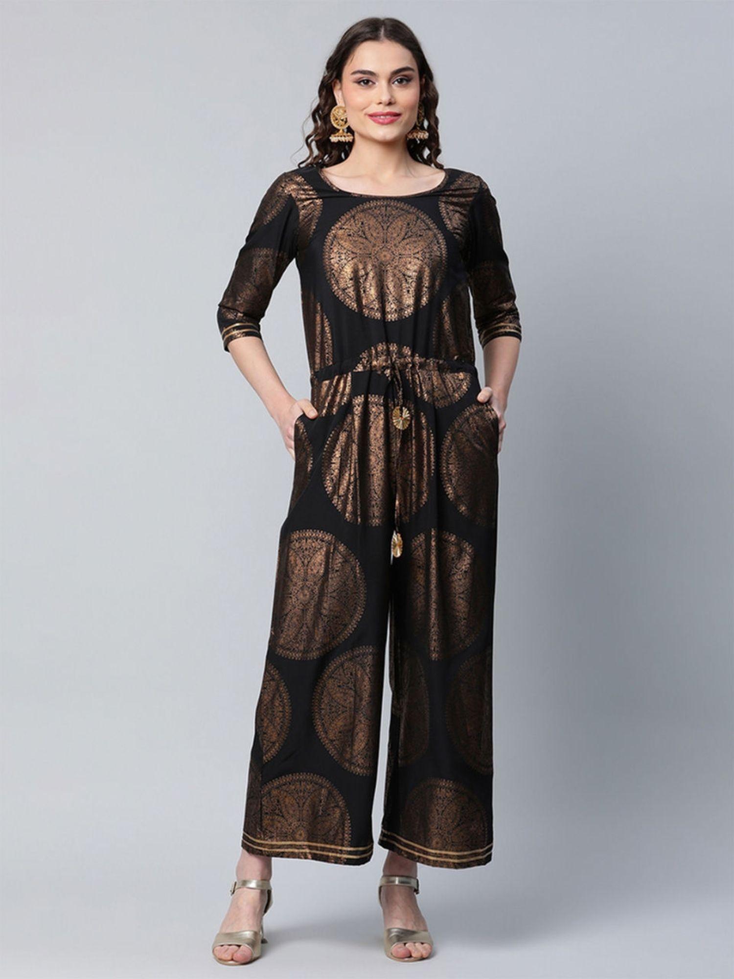 women black crepe copper foil printed jumpsuit