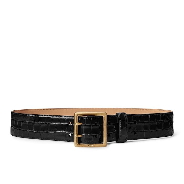 women black crocodile-stamped leather belt