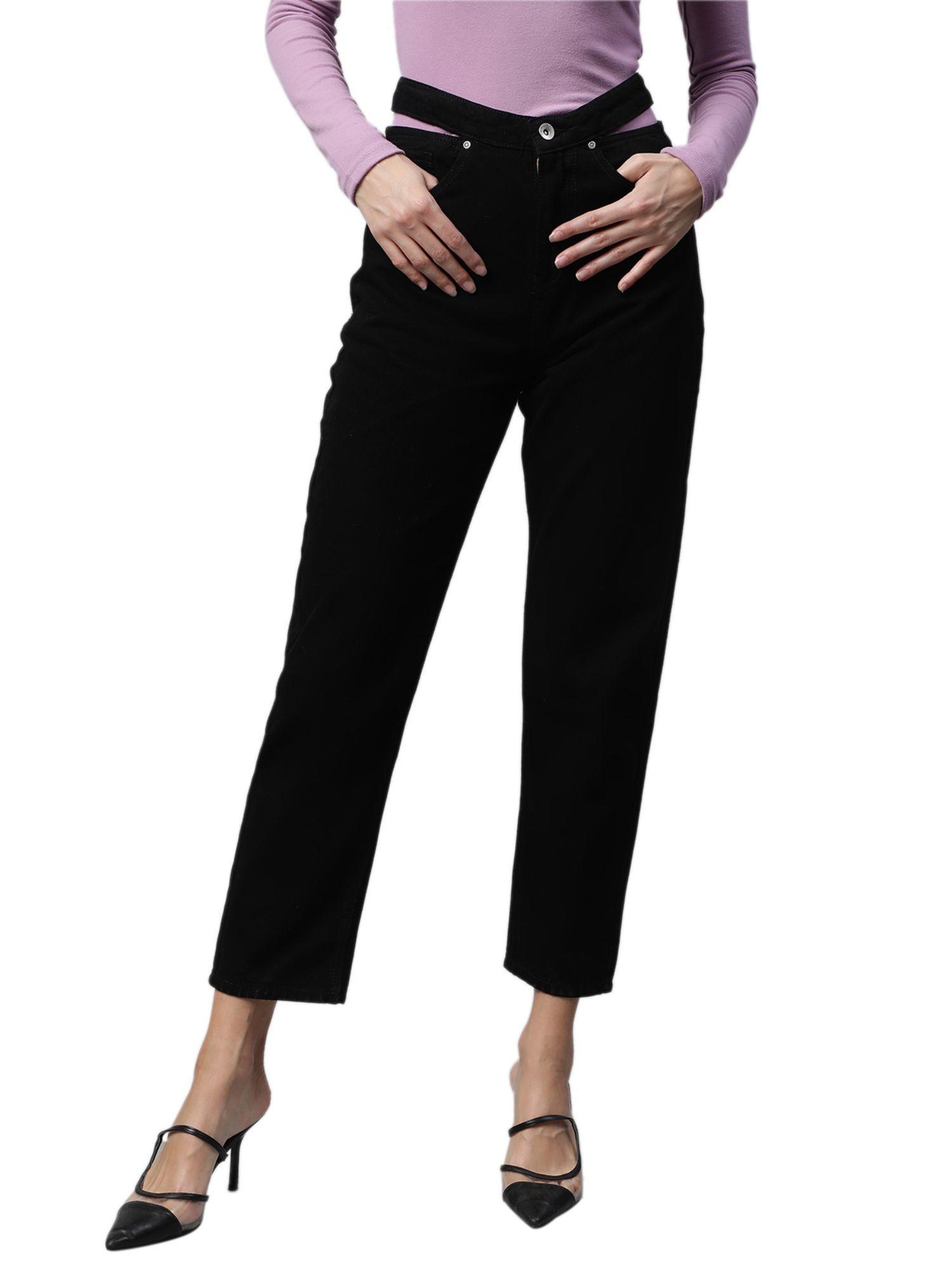 women black cut-out detail tapered leg high rise jeans