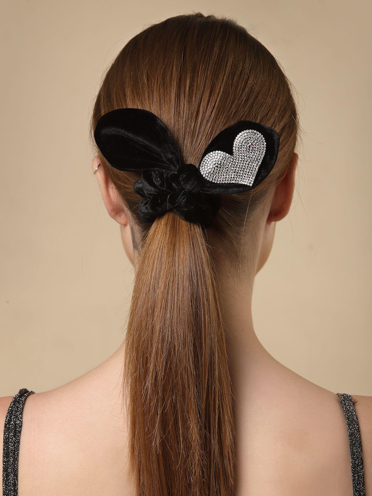 women black cz stoned heart shaped ponytail scrunchie