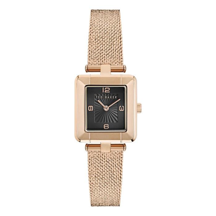 women black dial and rose gold-tone mesh bracelet watch