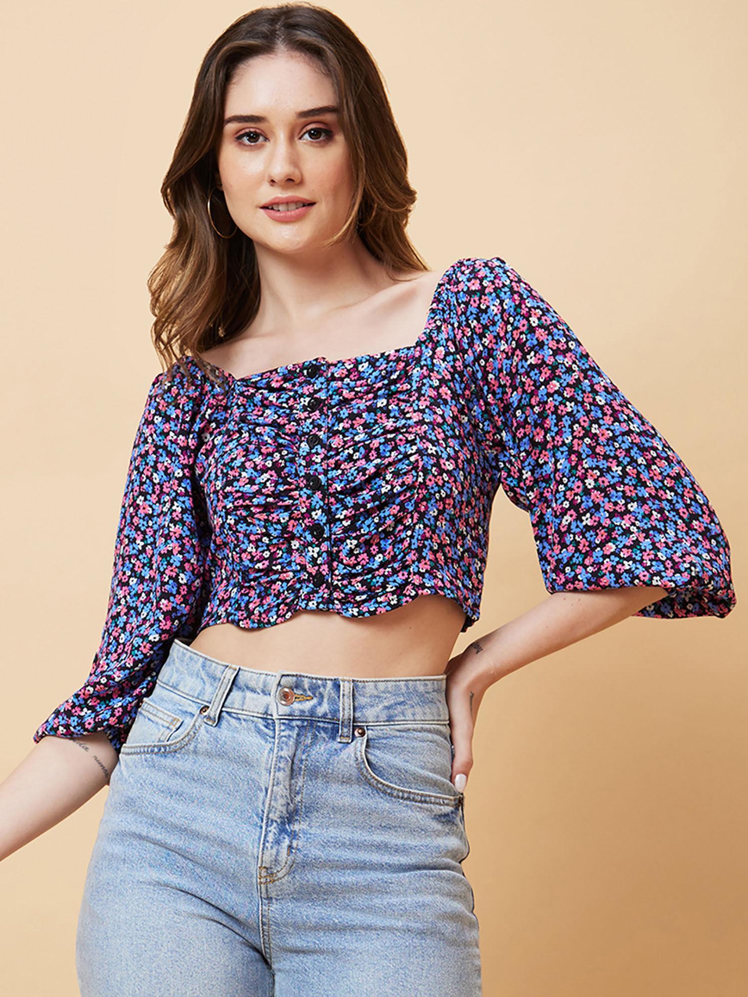 women black ditsy floral crop top