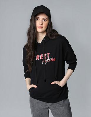women black drawstring hood brand graphic sweatshirt