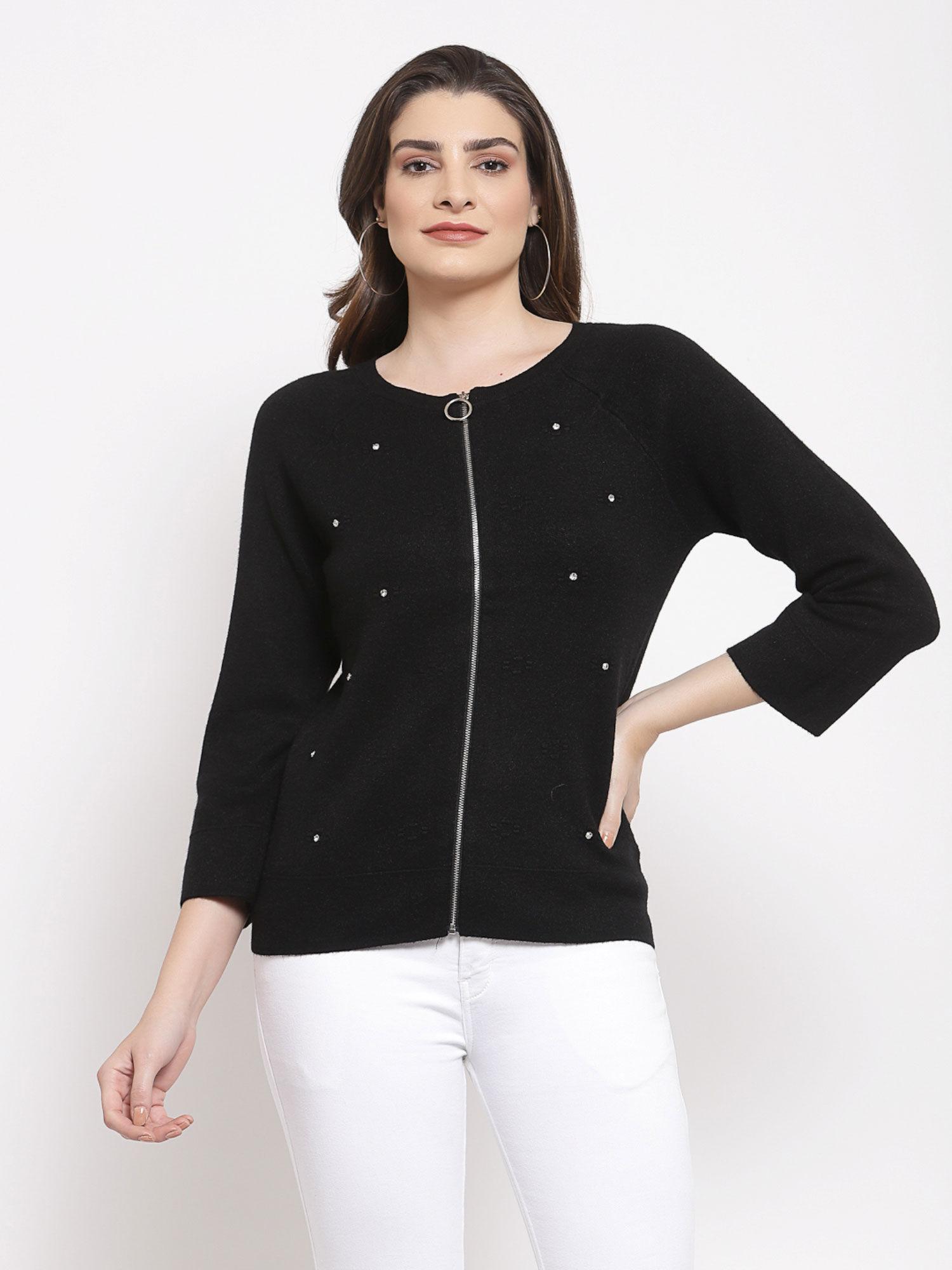 women black embellished round neck viscose cardigan