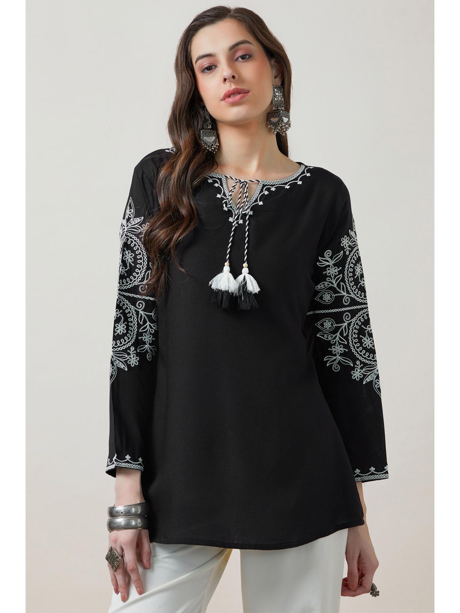 women black embroidered a-line fit rayon kurti