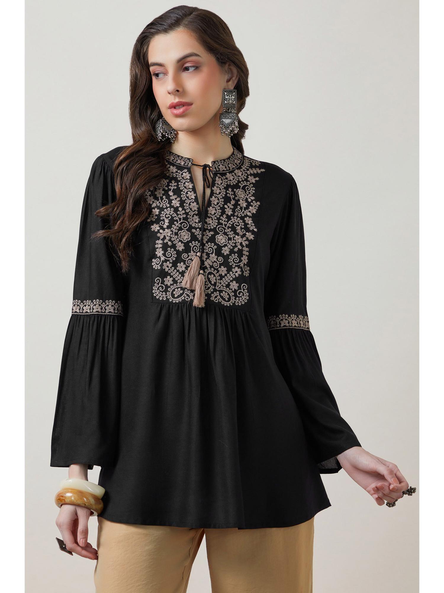 women black embroidered gathered fit rayon kurti