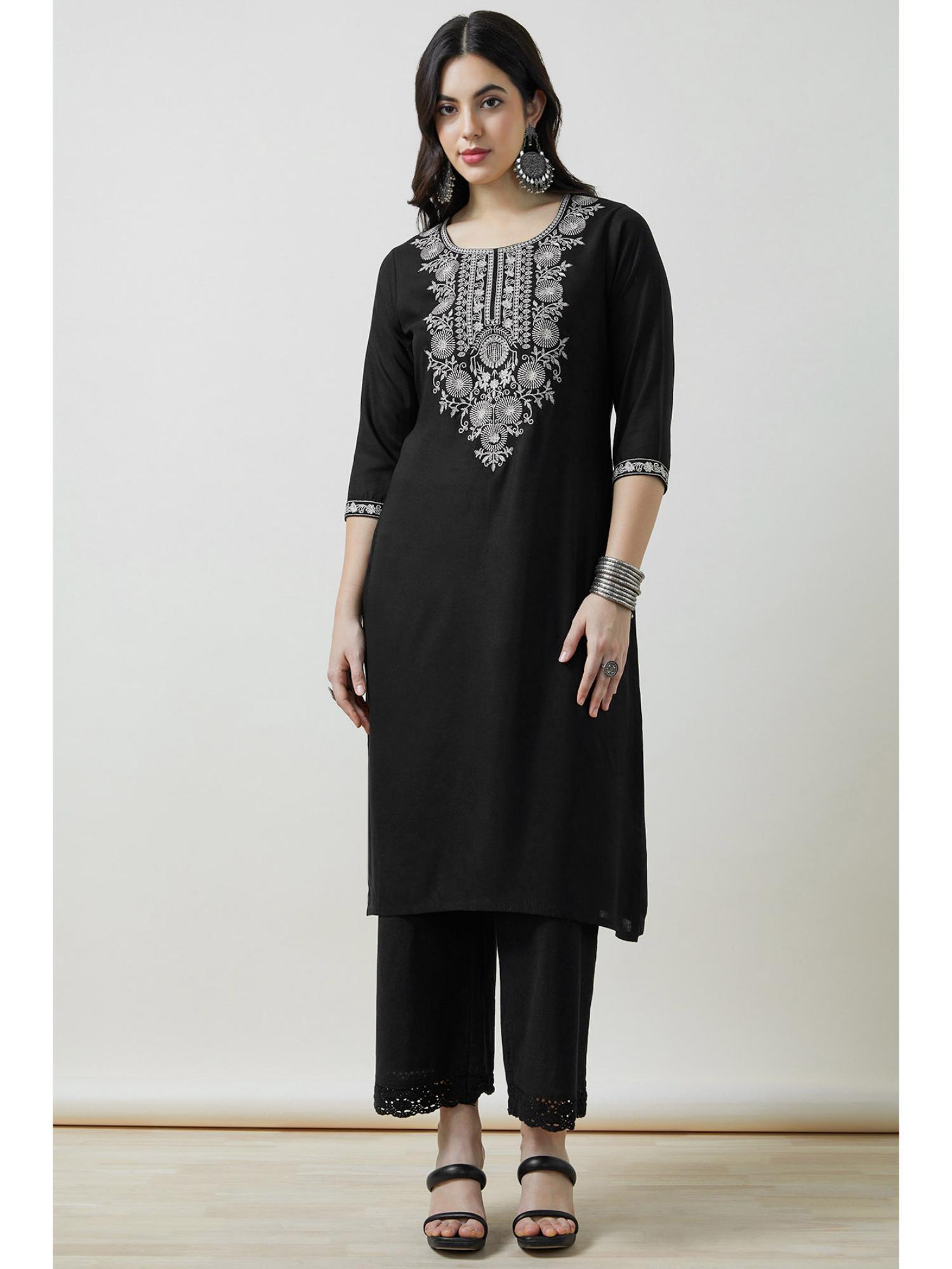 women black embroidered regular fit rayon kurta