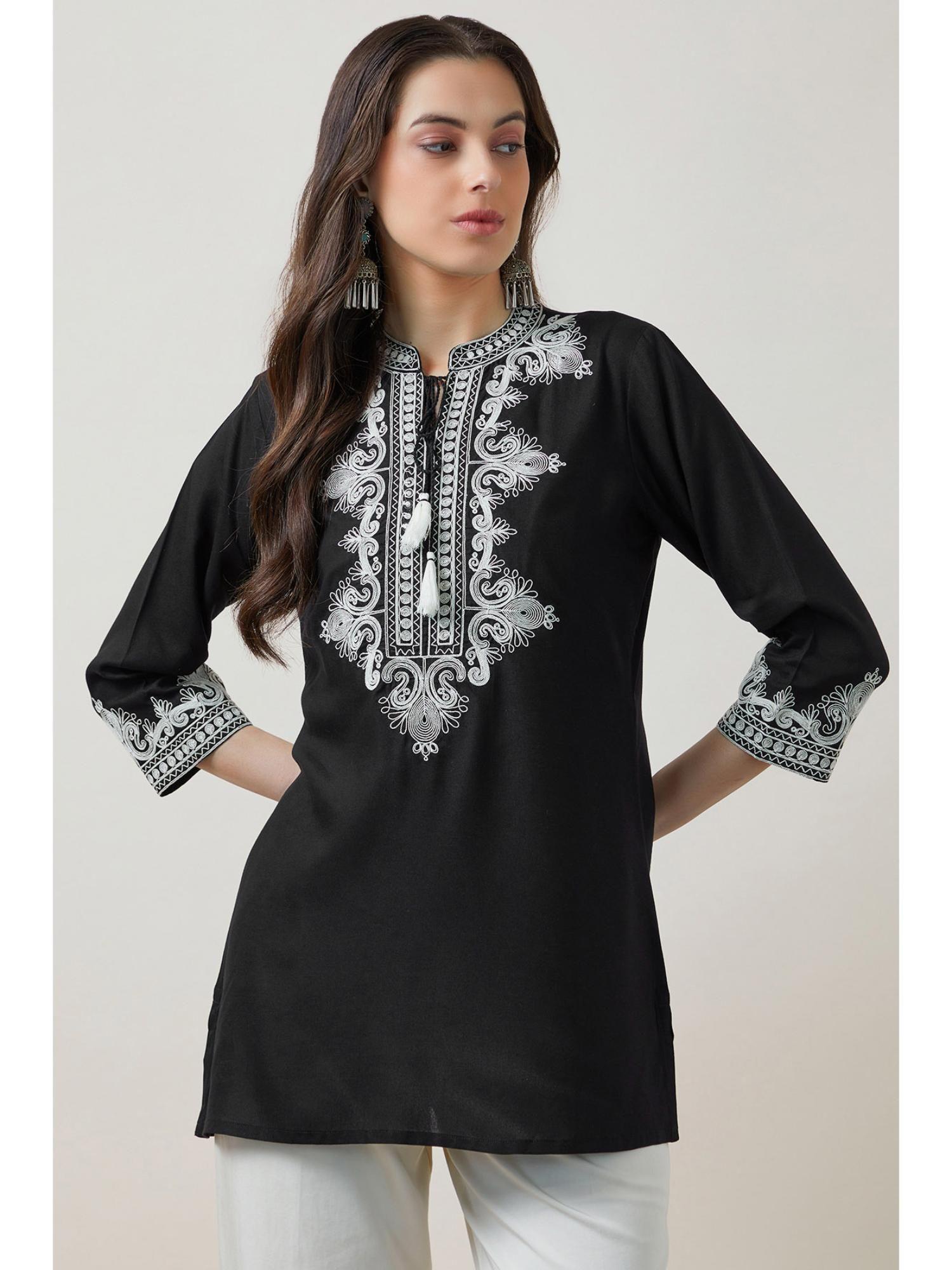 women black embroidered regular fit rayon kurti