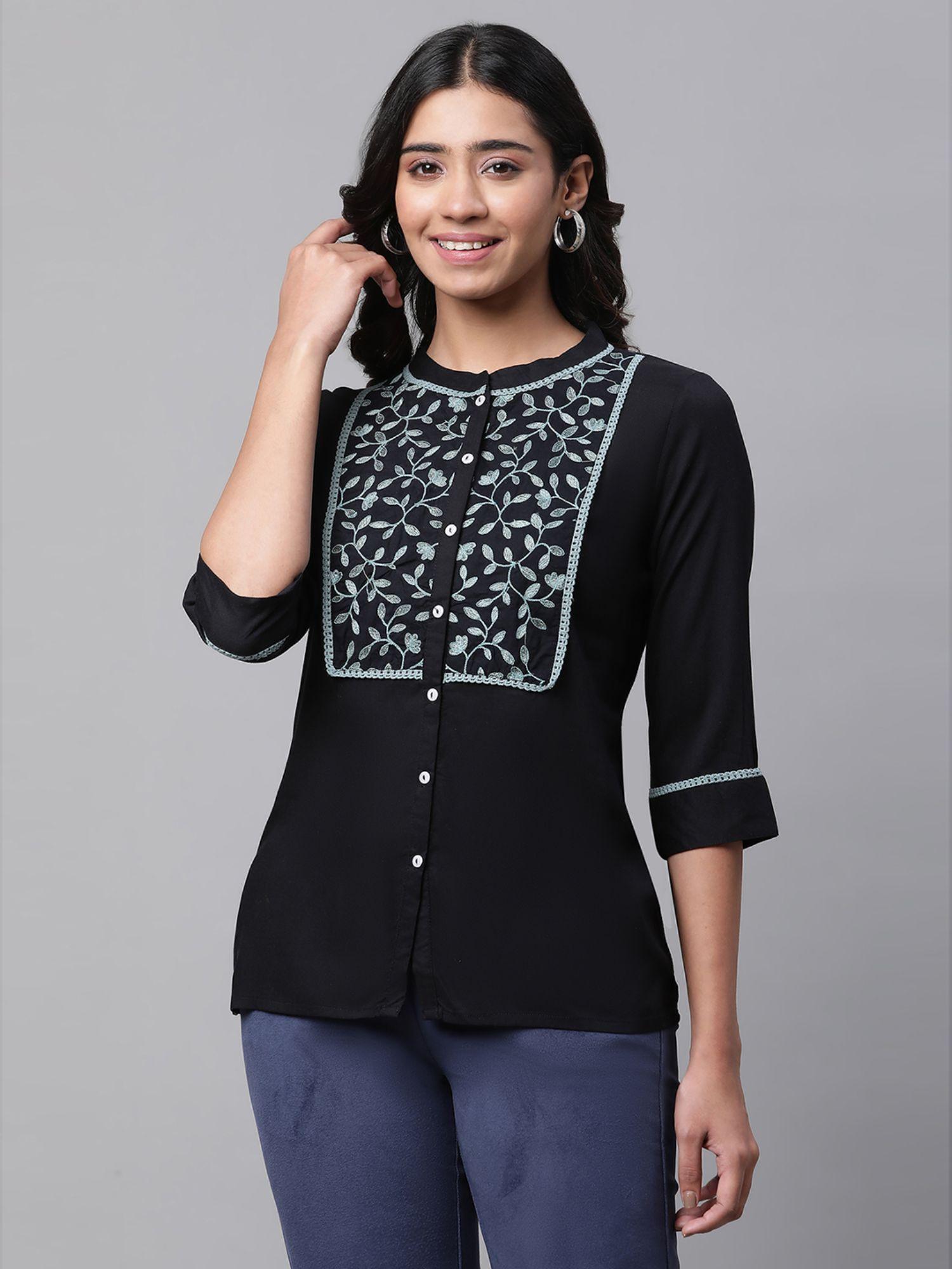 women black embroidered three fourth sleeves mandarin neck kurti