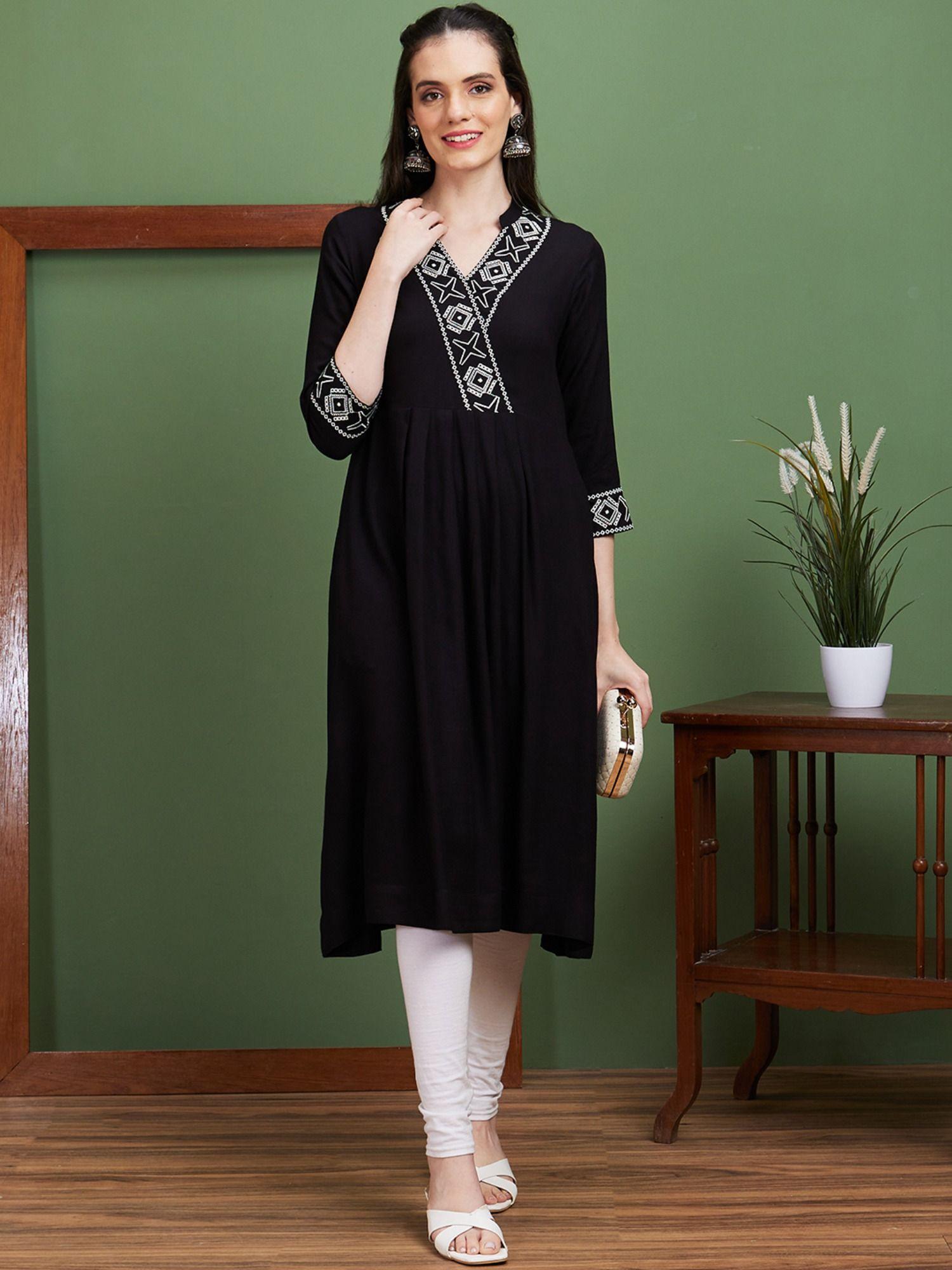 women black embroidered v-neck casual a-line kurta