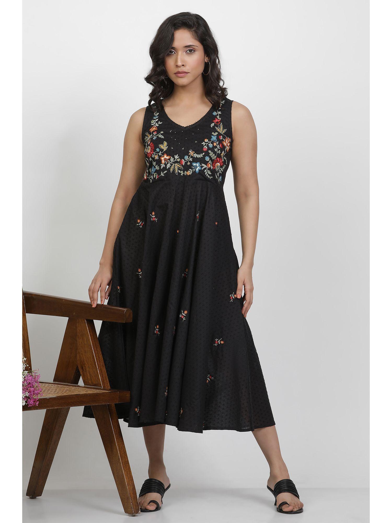 women black embroidered viscose flared dress