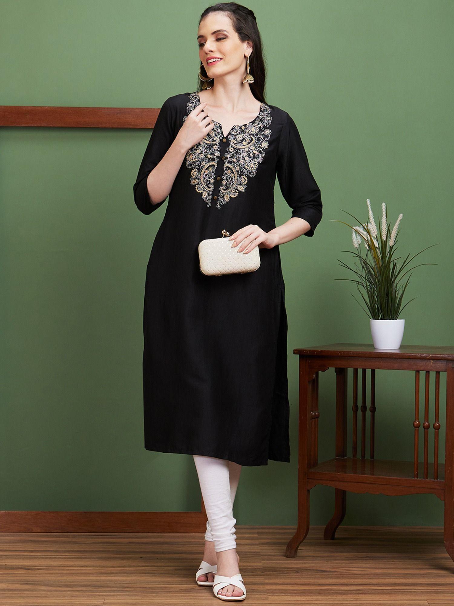 women black embroidered yoke polyester round neck casual straight kurta