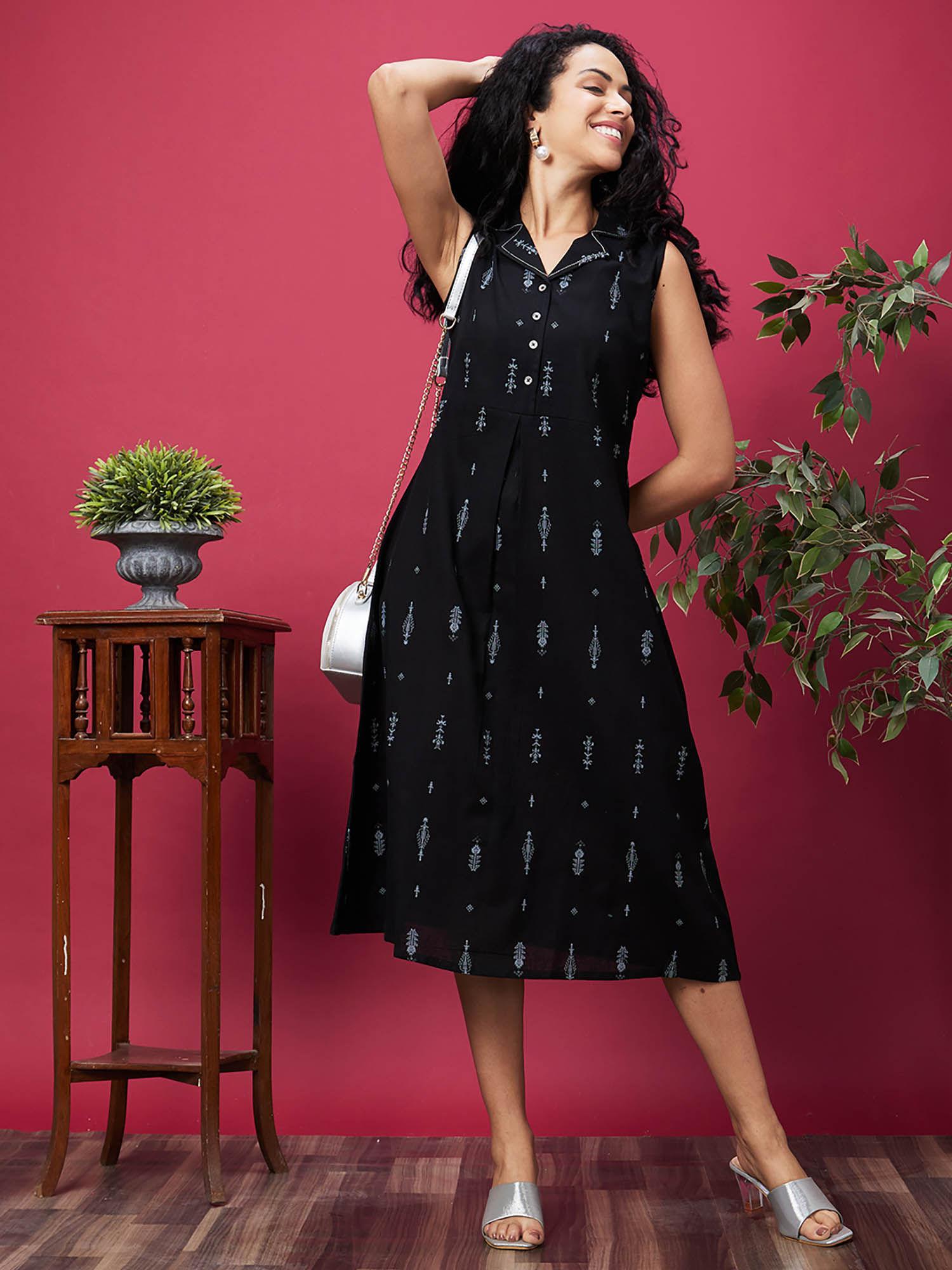 women black ethic motif printed cuban collar a-line midi dress