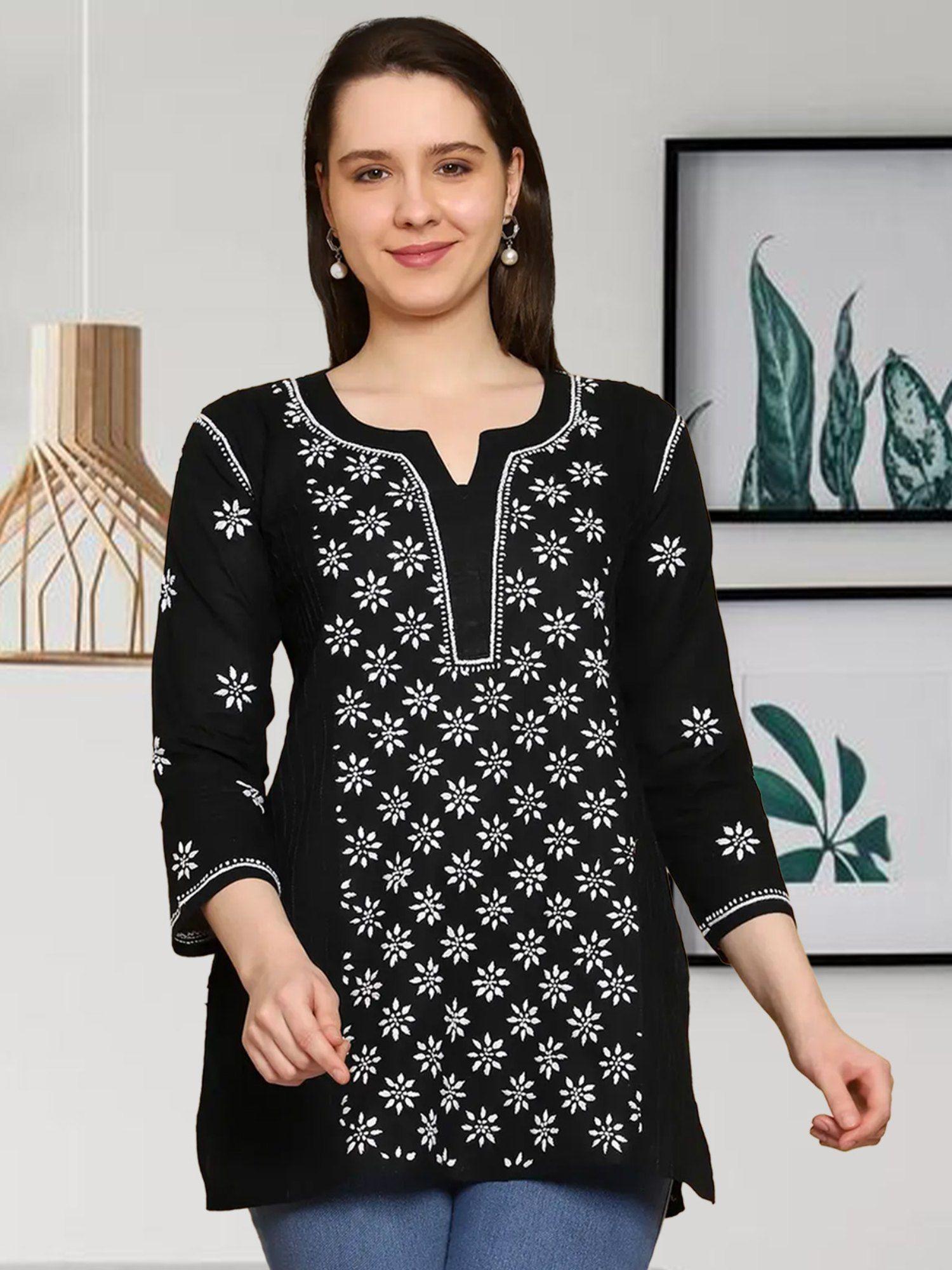 women black ethnic motifs hand embroidered lucknowi chikankari cotton kurti