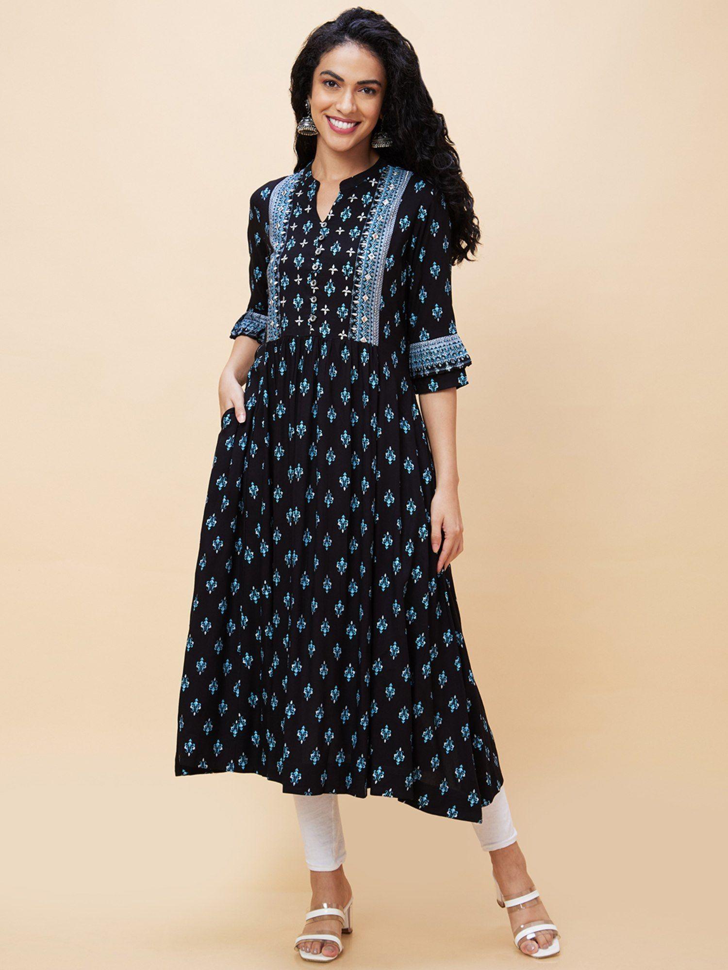 women black ethnic motifs print mandarin collar panelled anarkali kurta