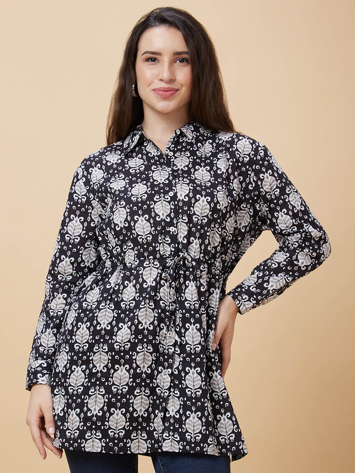 women black ethnic print shirt collar tunic