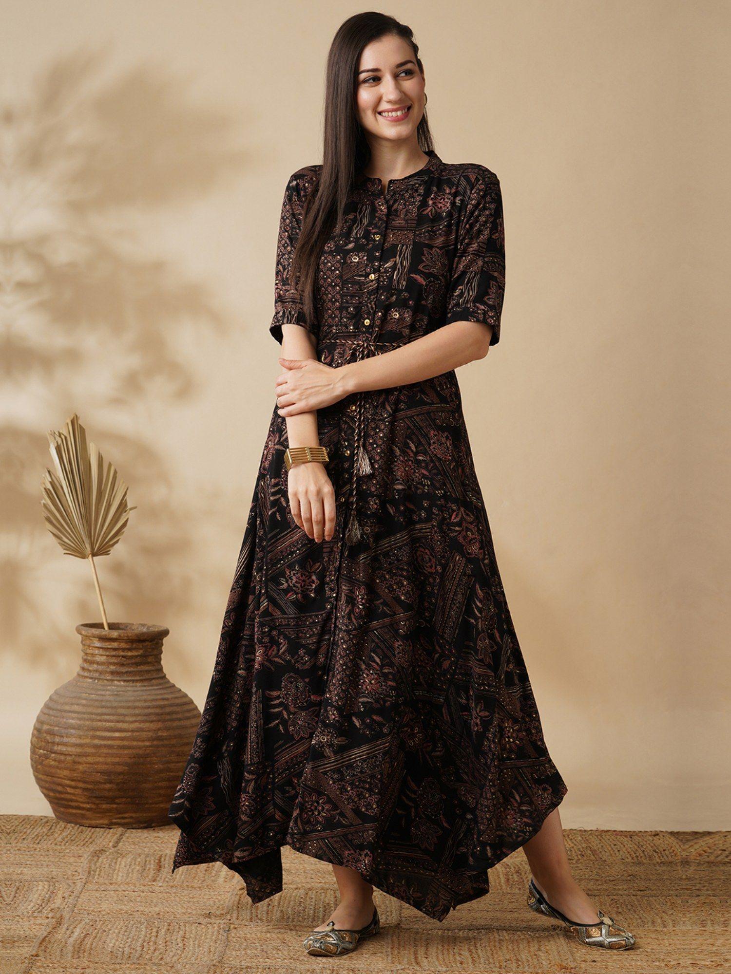 women black ethnic print waist tie-up drawstring asymmetric hem a-line fusion maxi dress