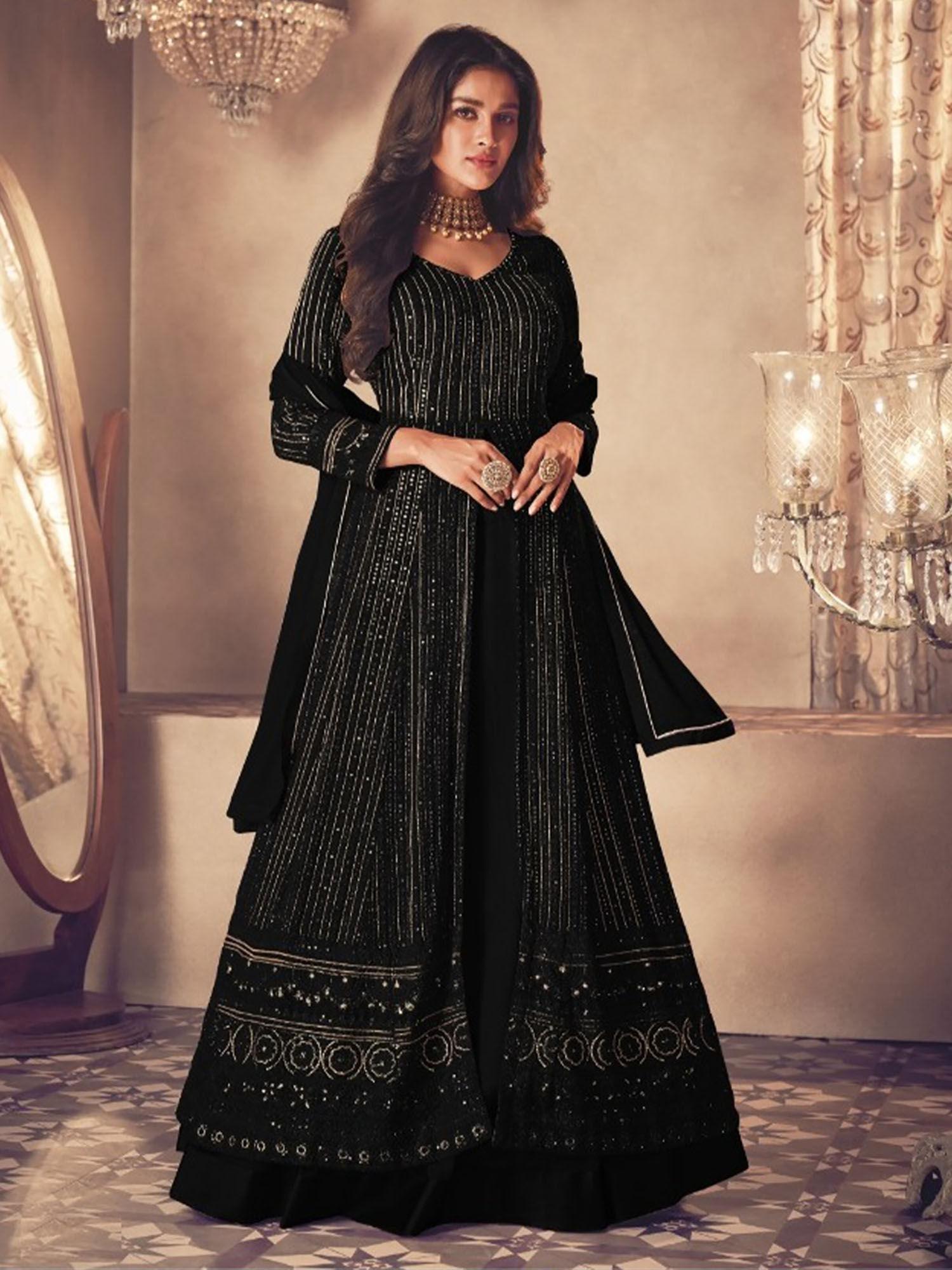 women black faux georgette semi stitched dress material (set of 3)