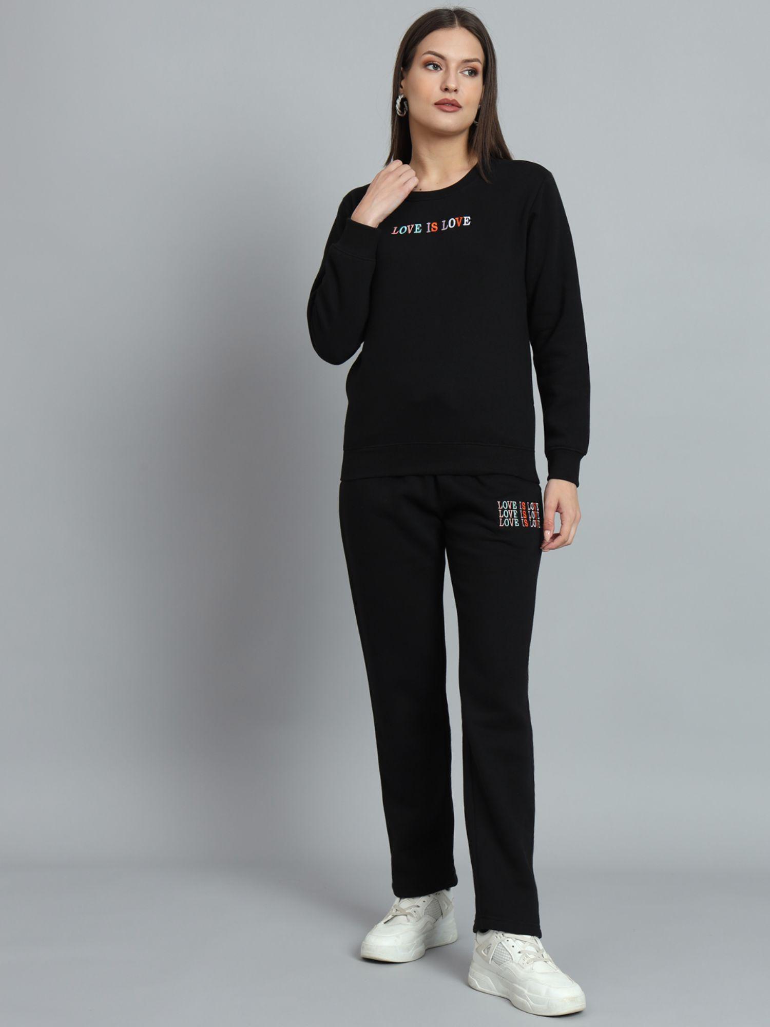 women black fleece round neck sweatshirt and pant (set of 2)