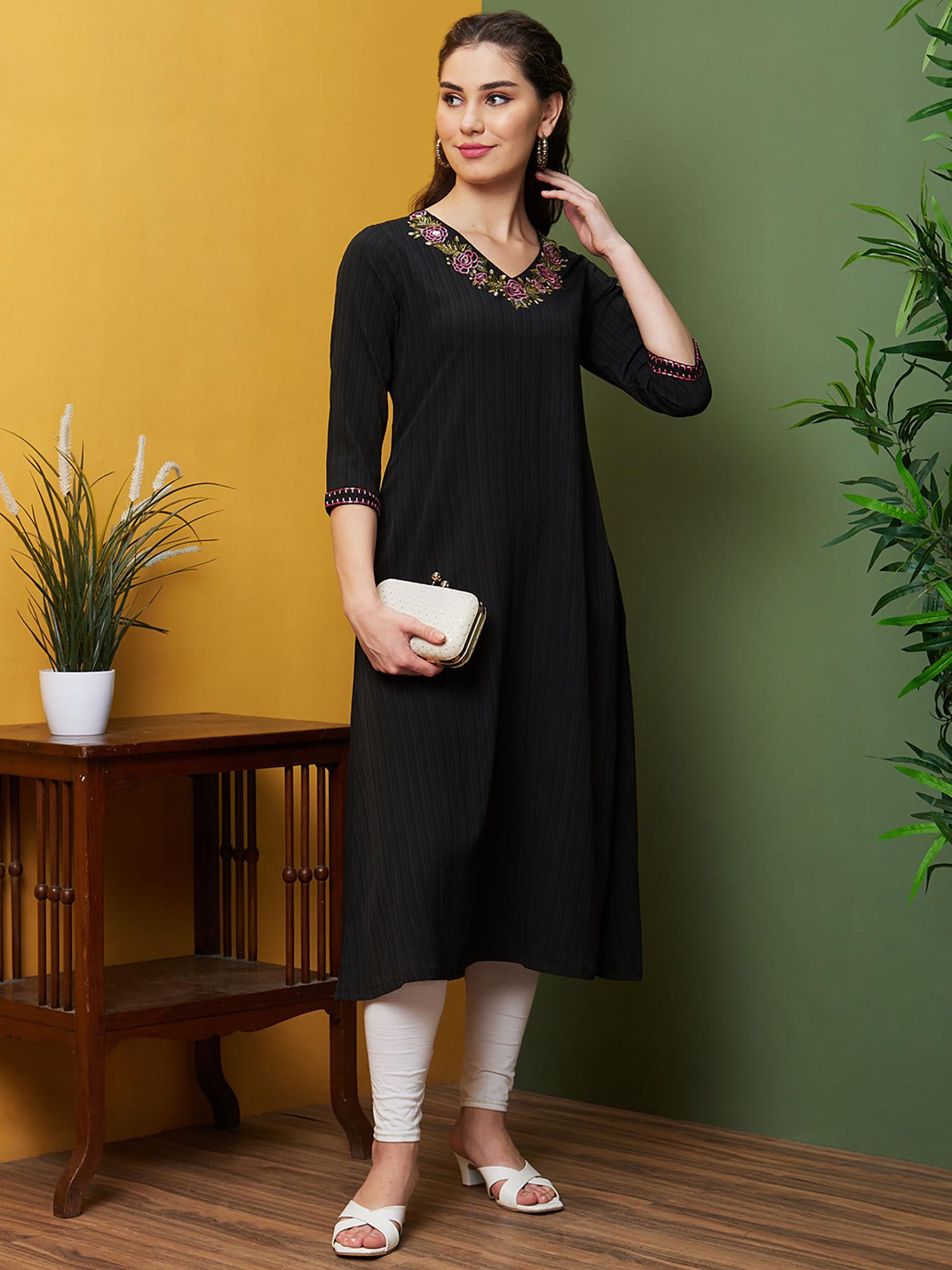 women black floral embroidered v-neck georgette a-line kurta