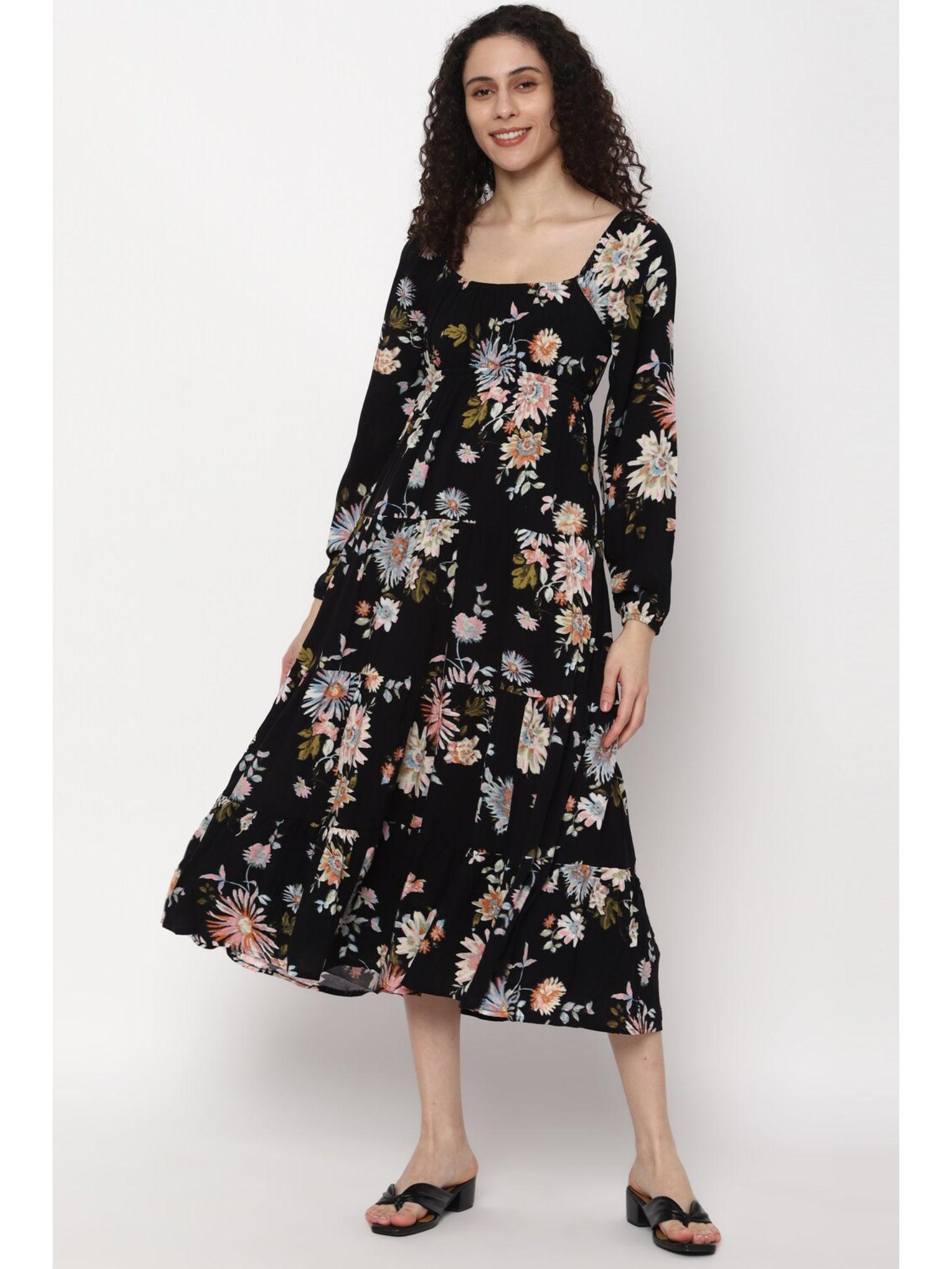 women black floral long sleeved tiered midi dress