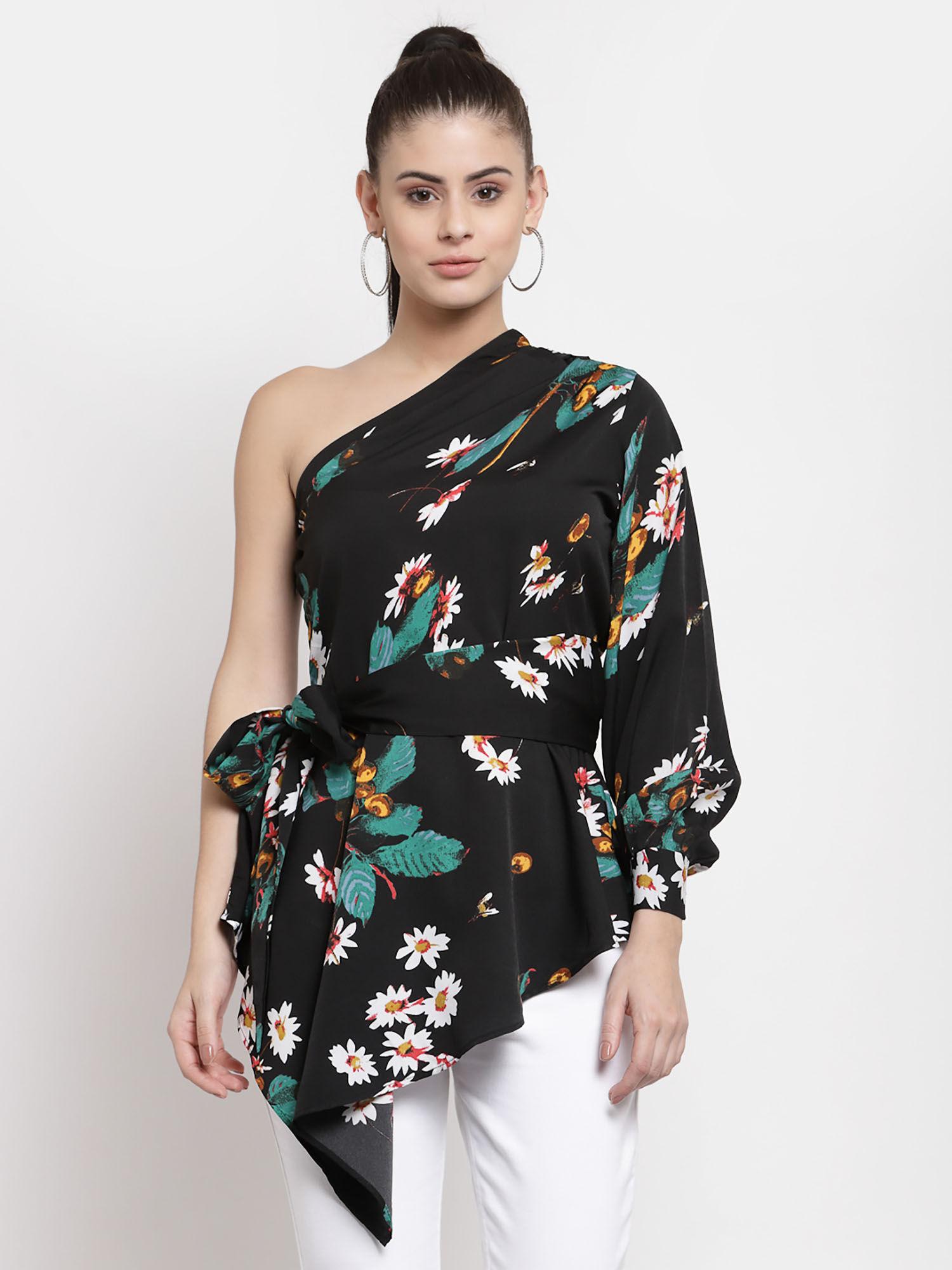 women black floral one shoulder crepe regular longline top