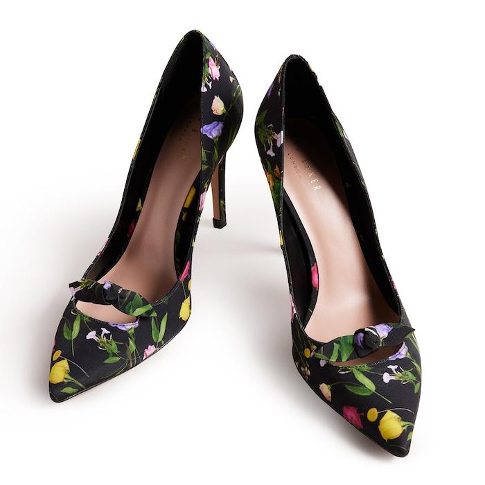 women black floral print bow court heels