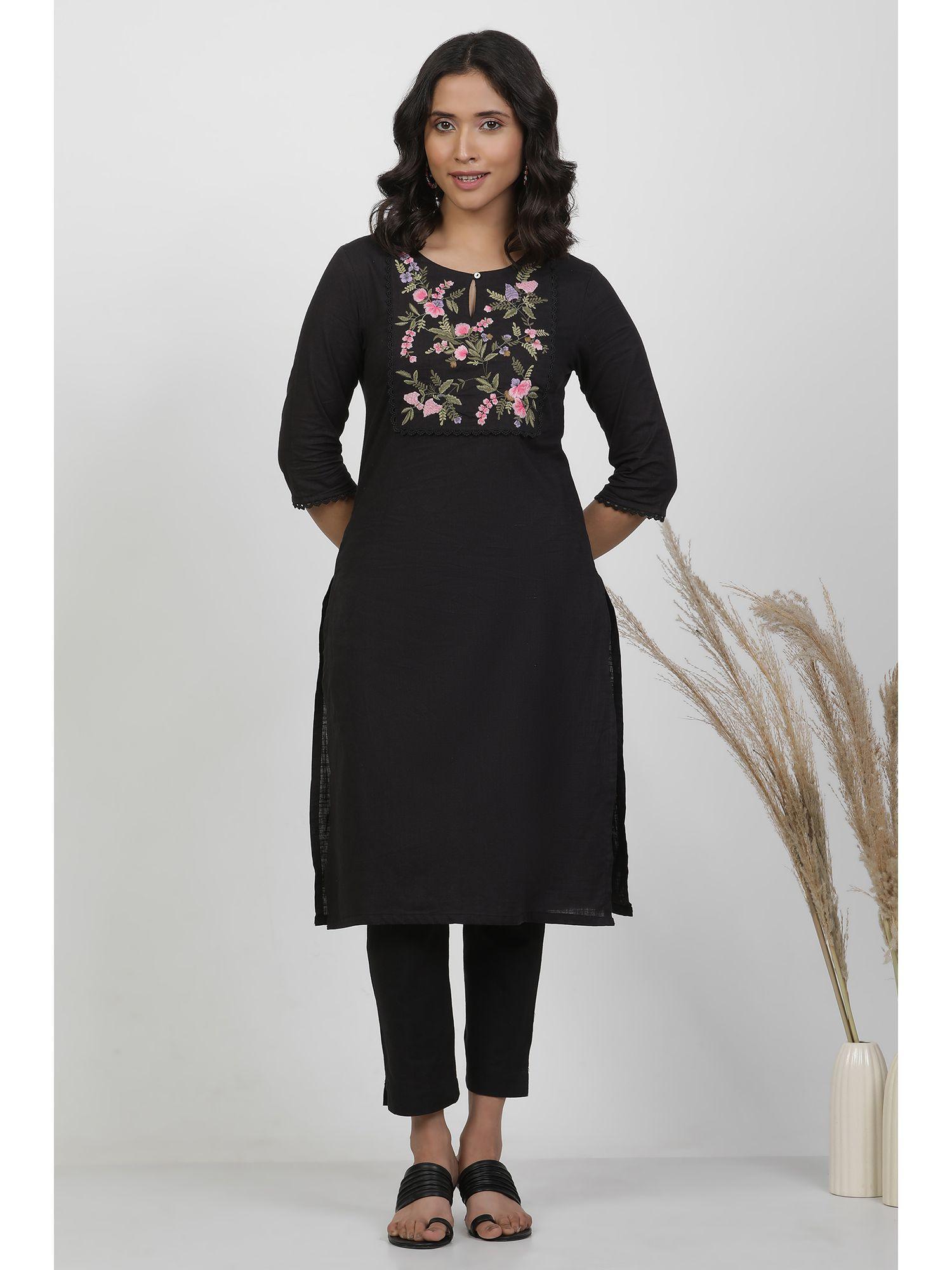 women black floral print cotton straight kurta