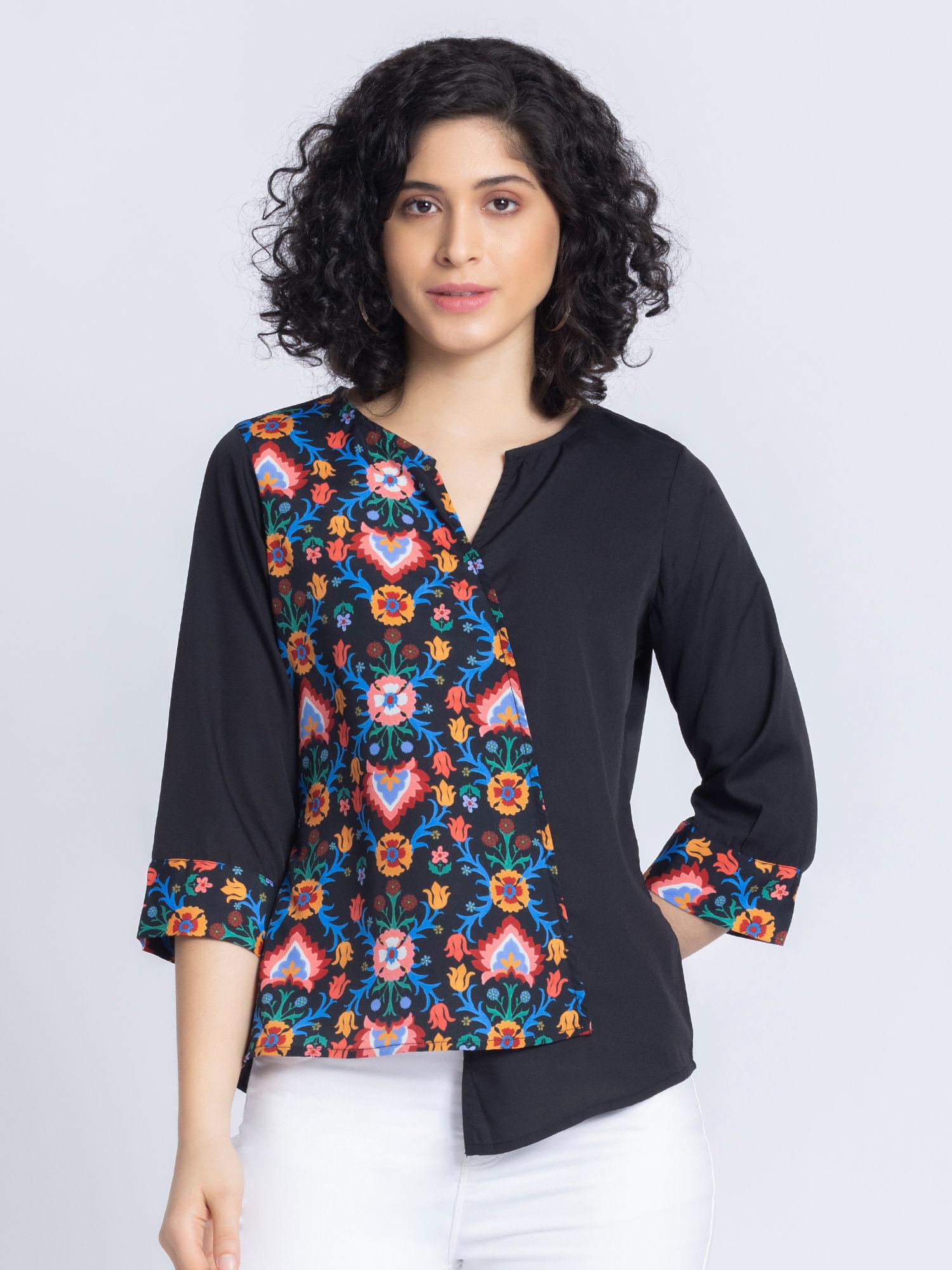 women black floral print three-quarter sleeves casual top