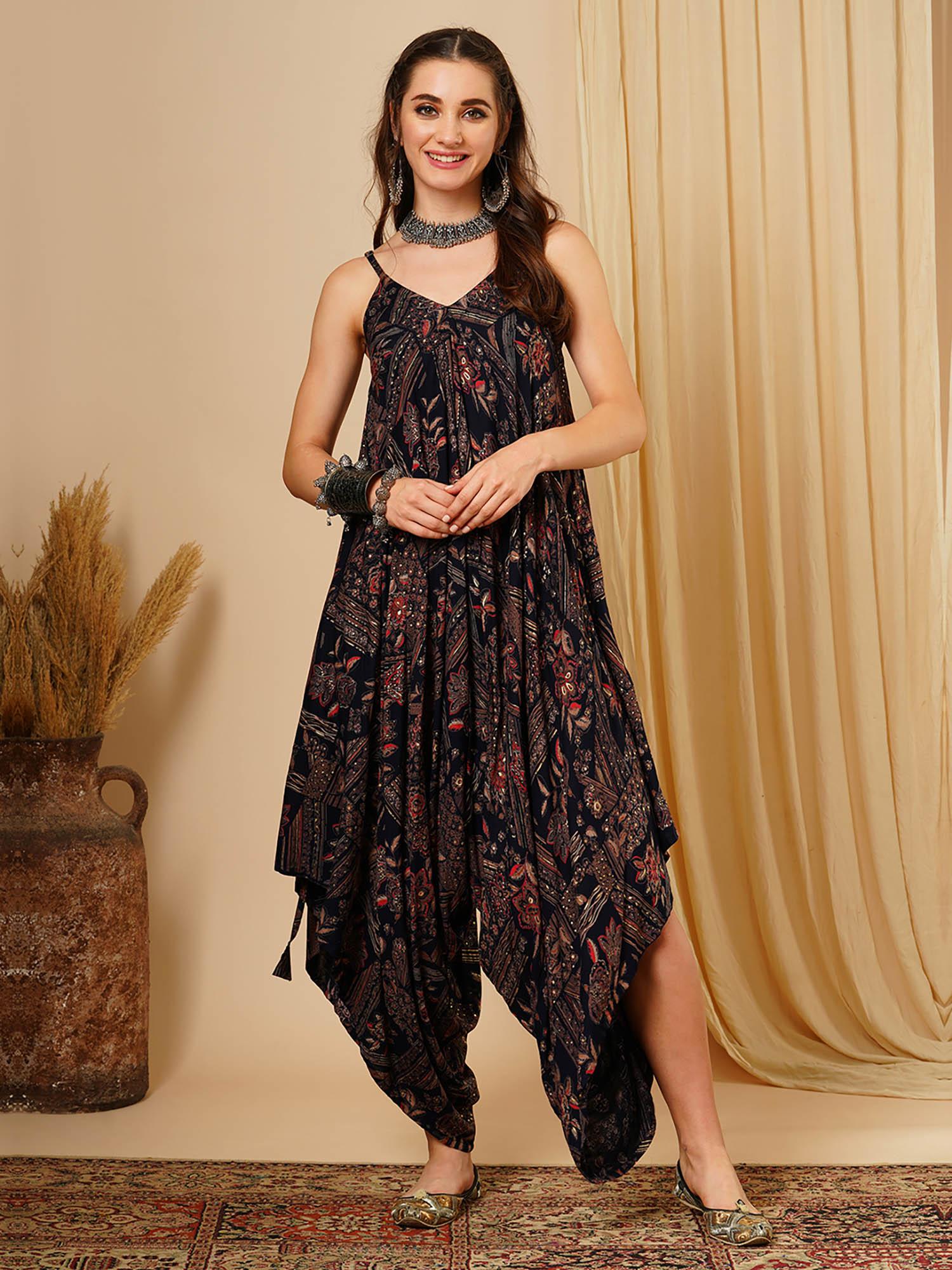 women black floral print v- neck adjustable strappy shoulder dhoti style fusion jumpsuit