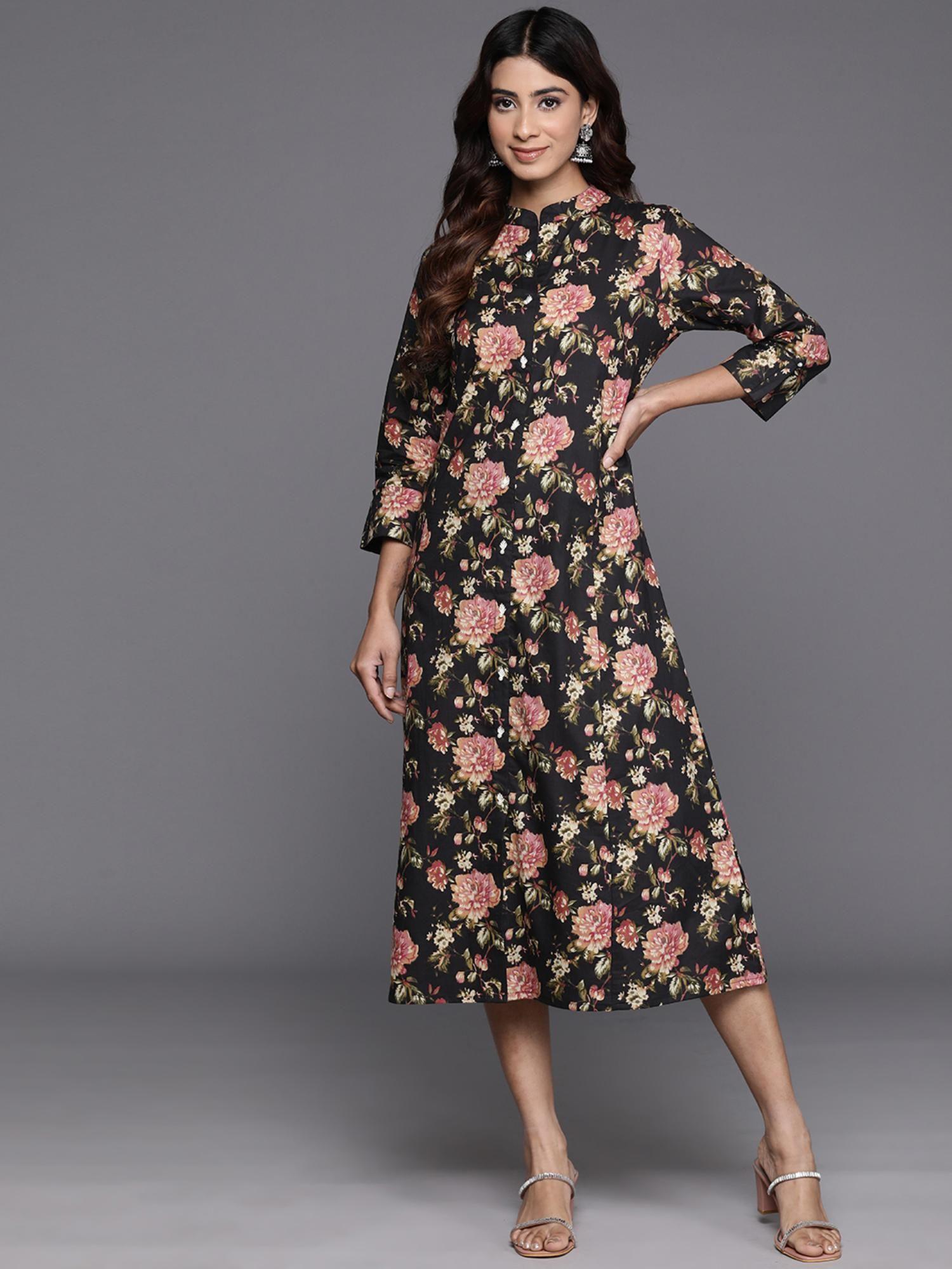 women black floral printed a-line midi dress