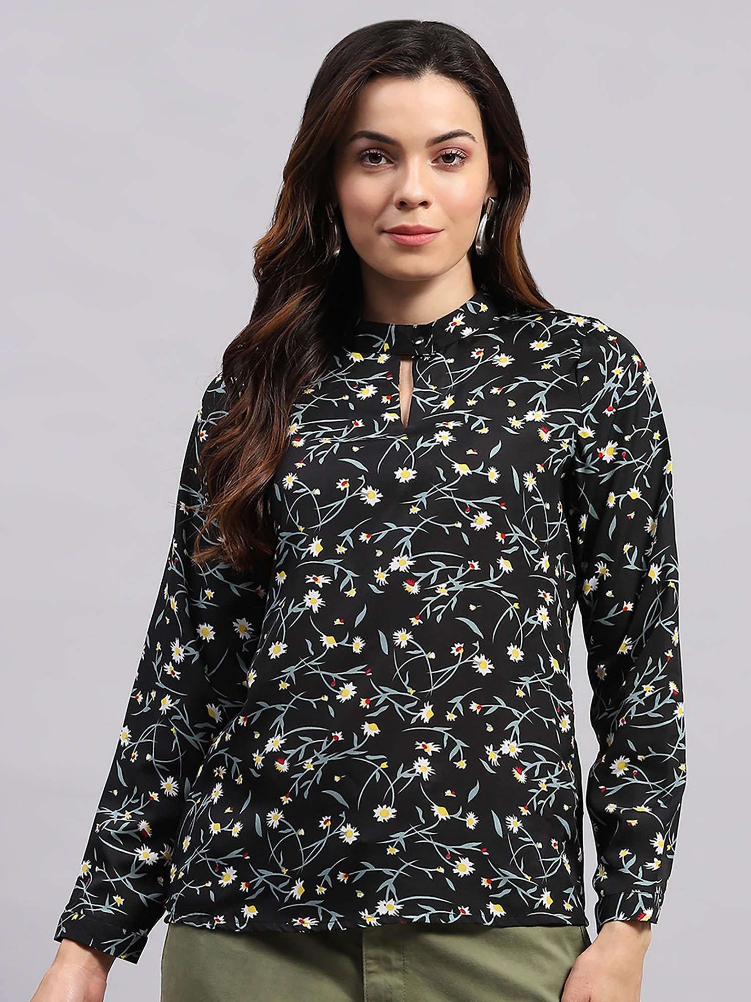 women black floral printed full sleeves mandarin neck top