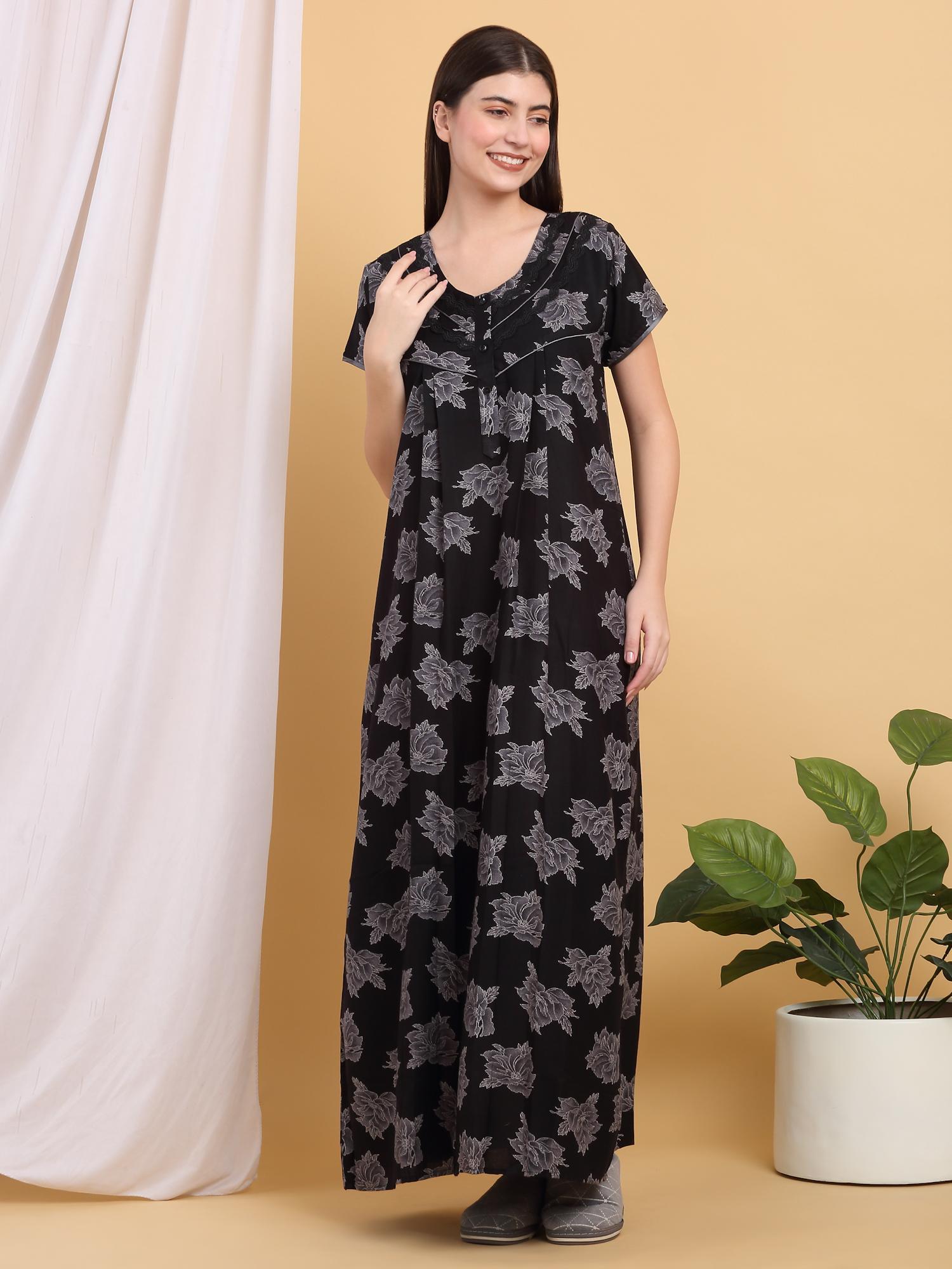 women black floral printed round neck nightdress