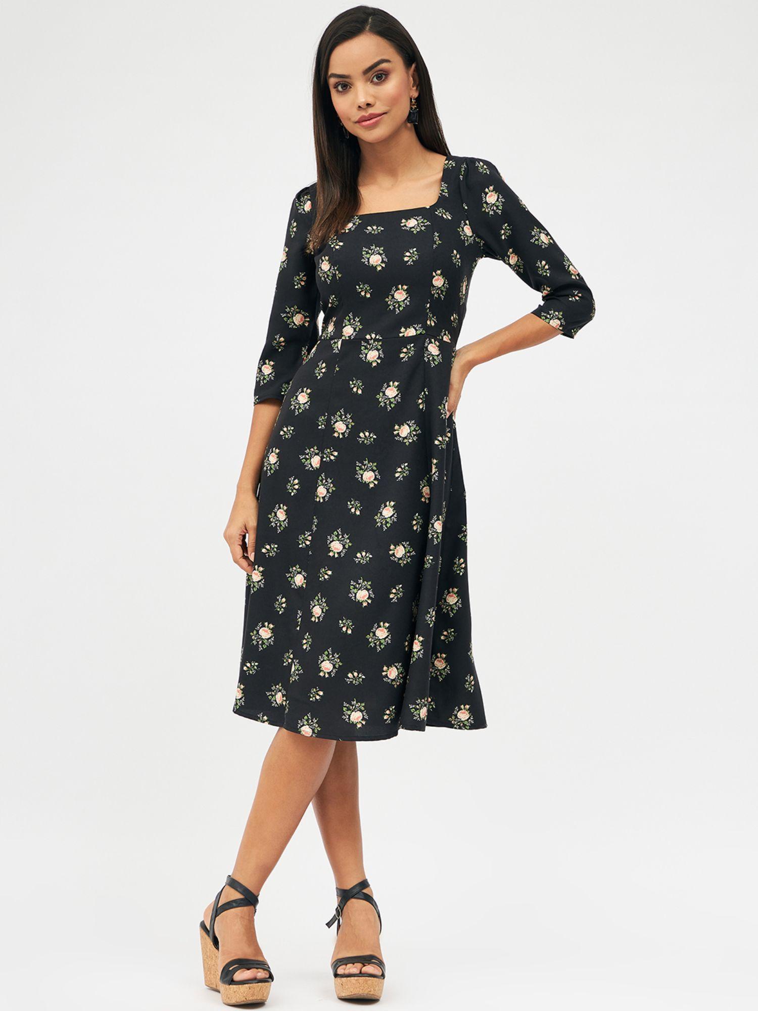 women black floral printed square neck midi dress