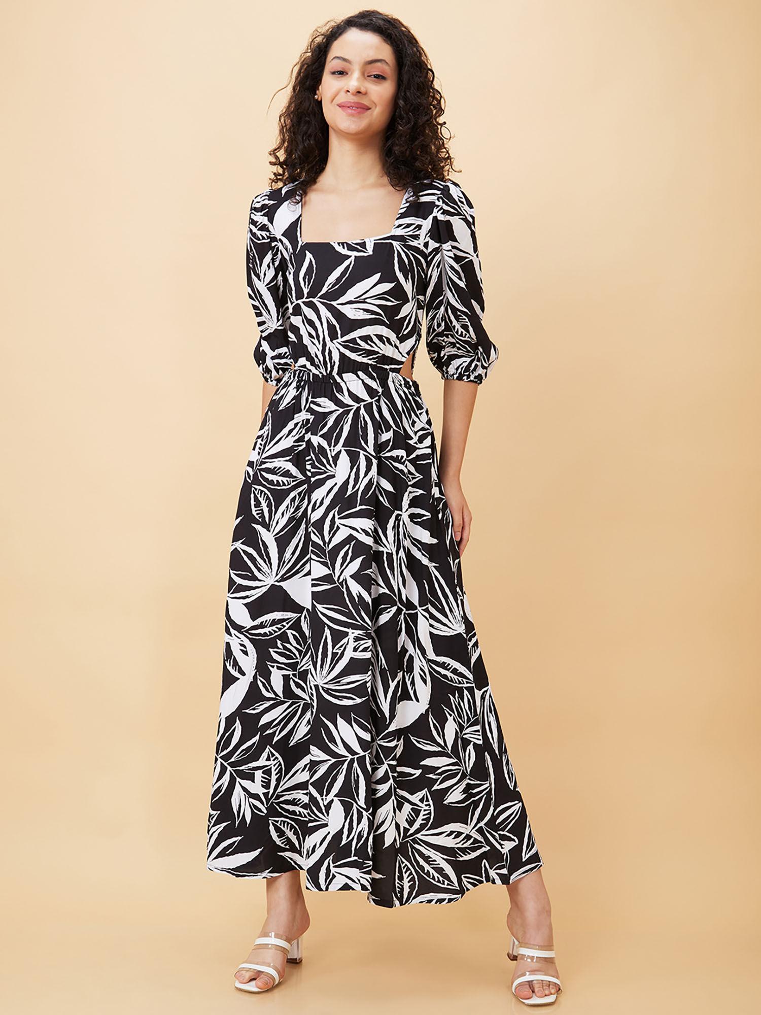 women black floral printed three fourth sleeve cut outs maxi dress