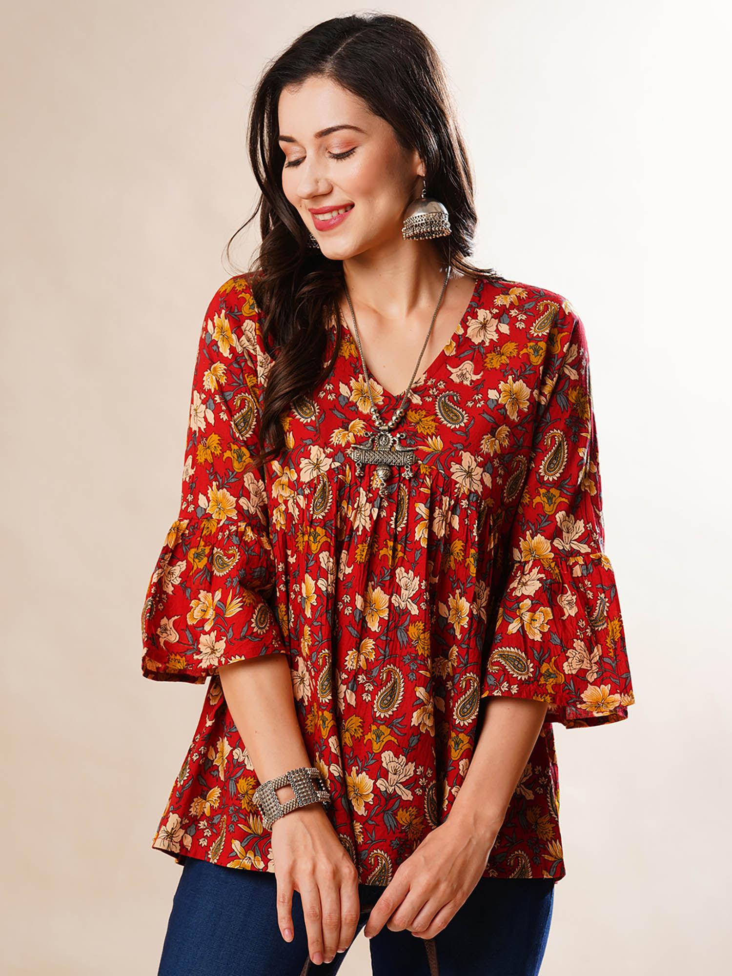 women black floral printed v-neck bell sleeves gathered a-line alia cut workwear tunic